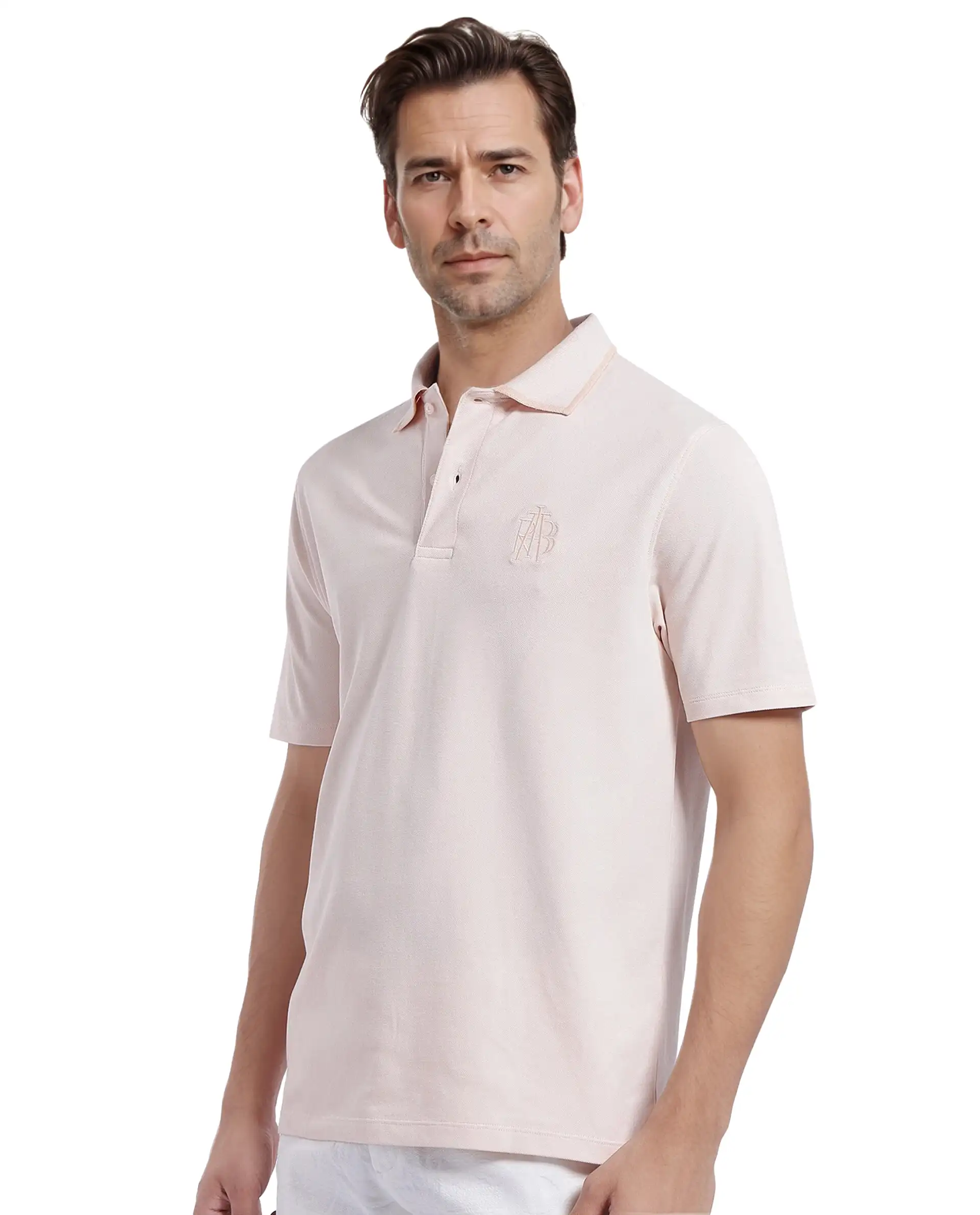 Rare Rabbit Men's Aroe Pastel Peach Lycra Plain Regular Fit Half Sleeve Polo - Image 4