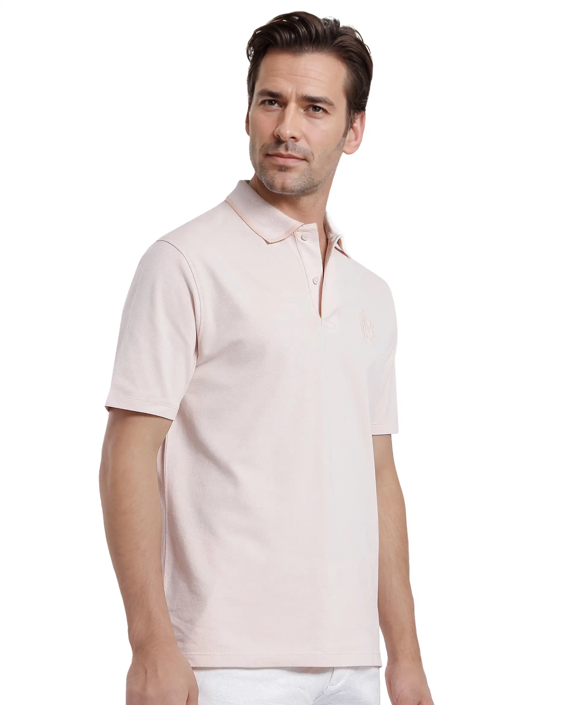 Rare Rabbit Men's Aroe Pastel Peach Lycra Plain Regular Fit Half Sleeve Polo - Image 5