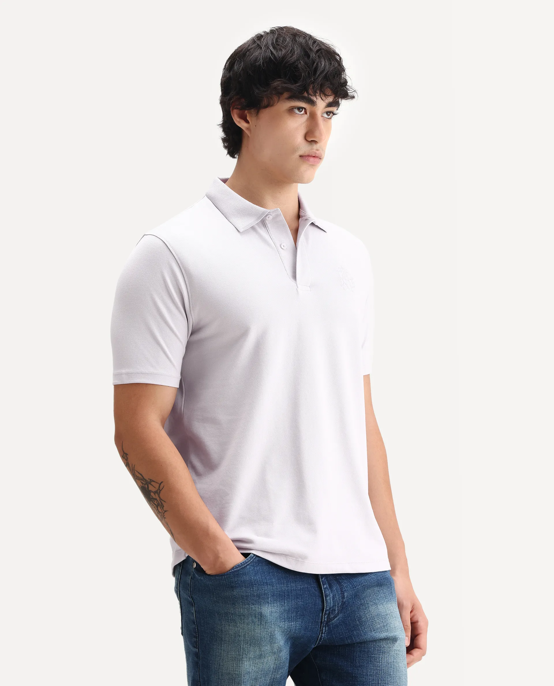 Rare Rabbit Men's Aroe Pastel Purple Lycra Plain Regular Fit Half Sleeve Polo - Image 5