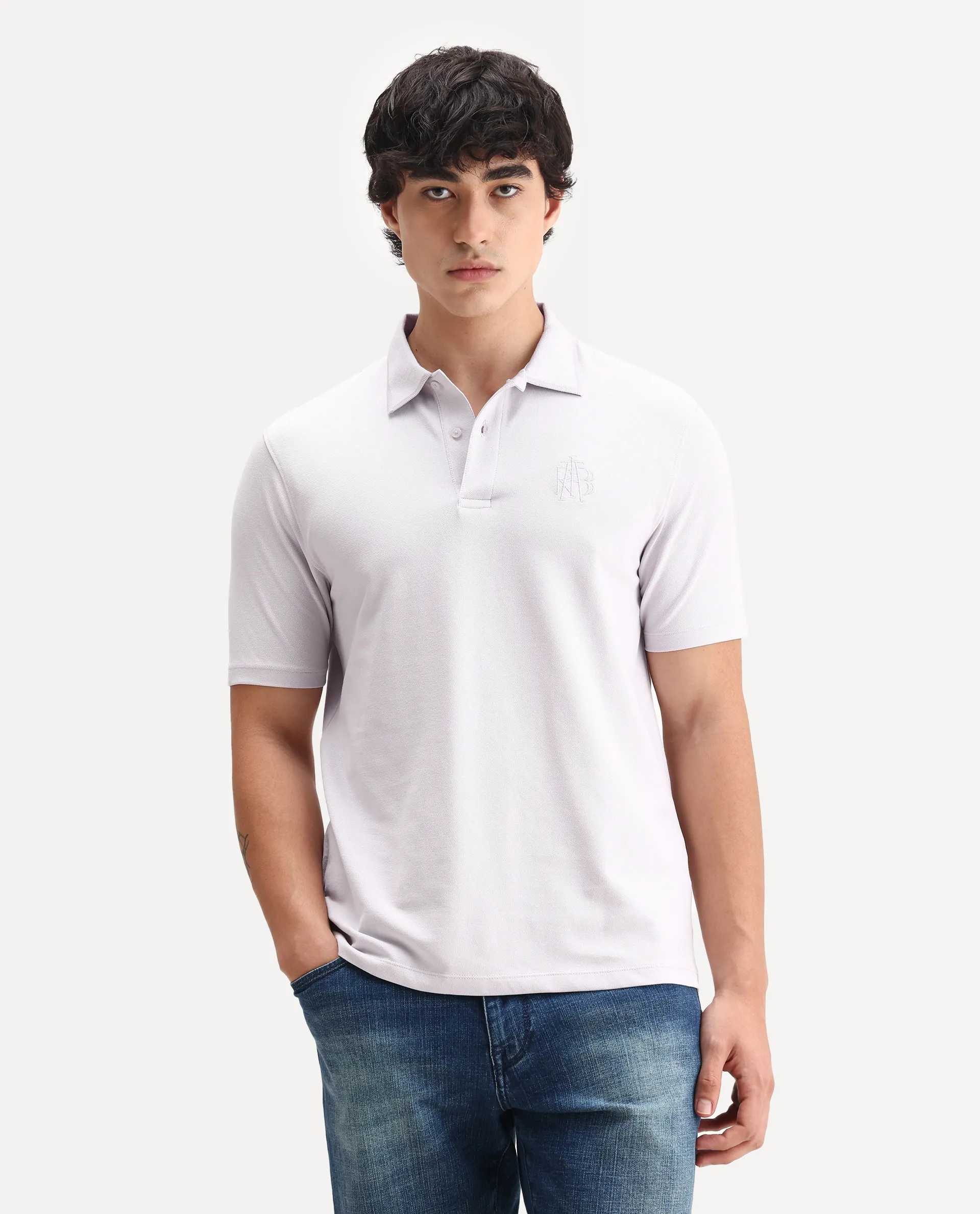 Rare Rabbit Men's Aroe Pastel Purple Lycra Plain Regular Fit Half Sleeve Polo - Image 6