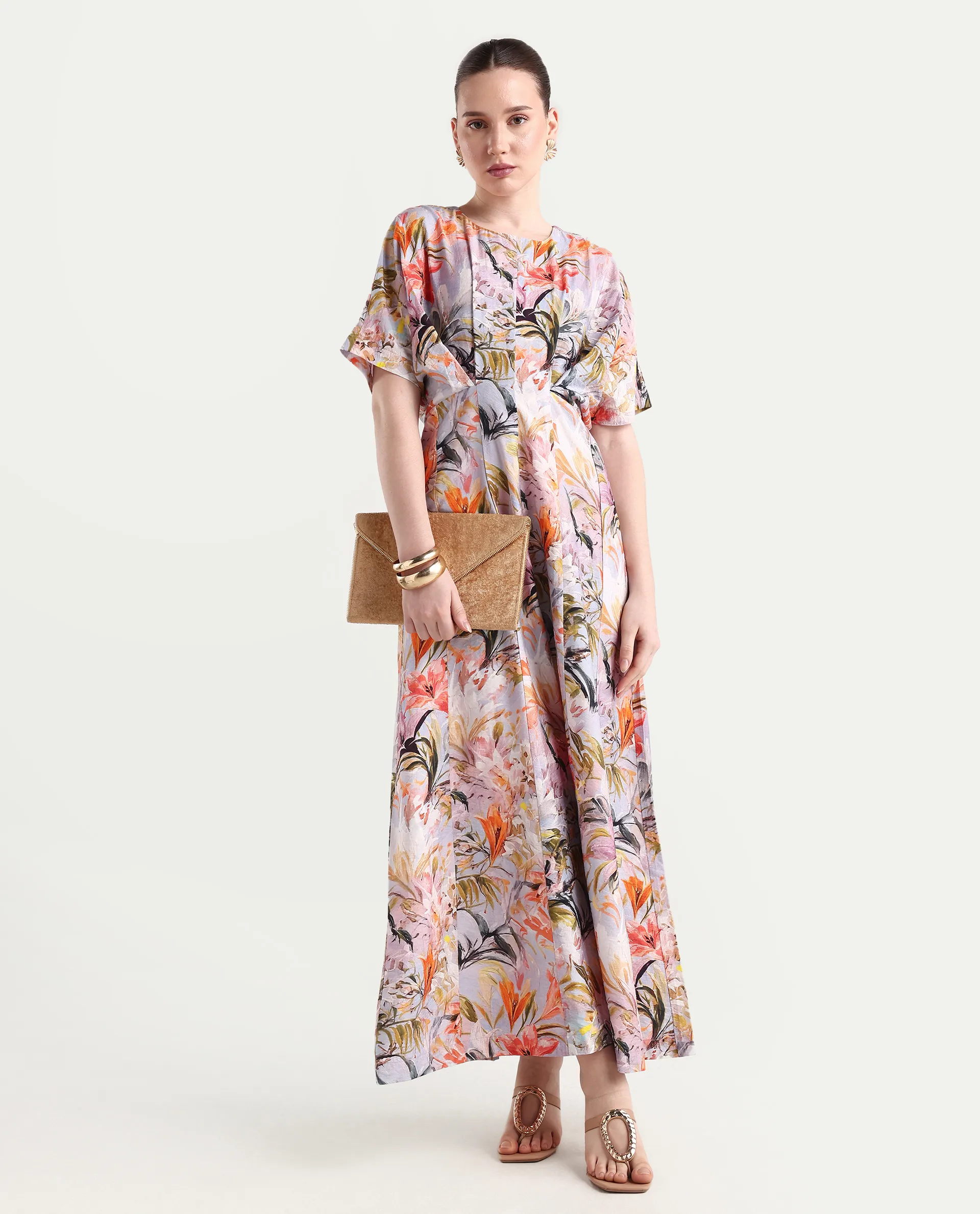 Rareism Women's Arona Multi Viscose Blend Half Sleeve Crew Neck Flared Dress - Image 2