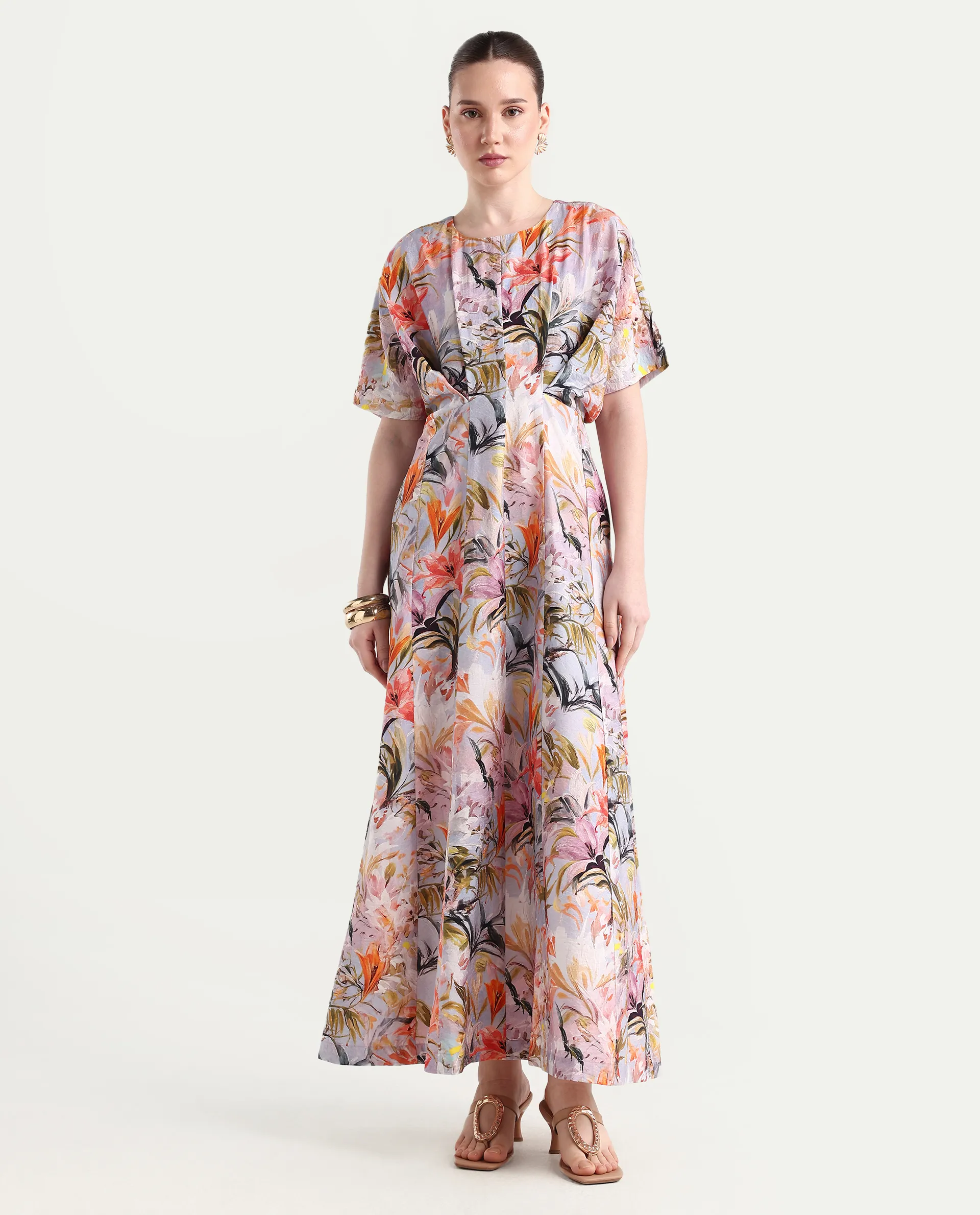 Rareism Women's Arona Multi Viscose Blend Half Sleeve Crew Neck Flared Dress - Image 6