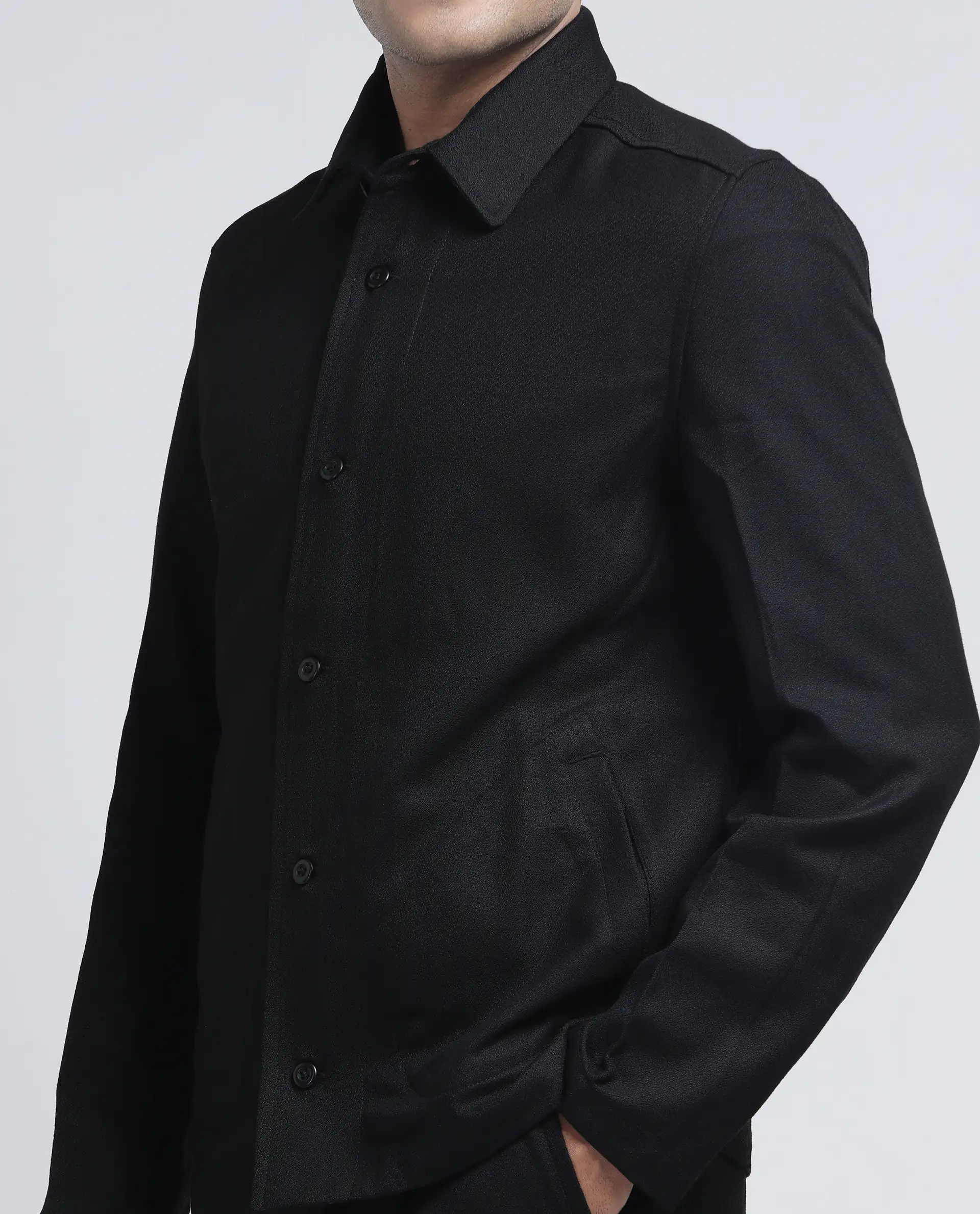 Rare Rabbit Men's Aront Black Polyester Plain Relaxed Fit Full Sleeve Spread Collar Jacket - Image 3