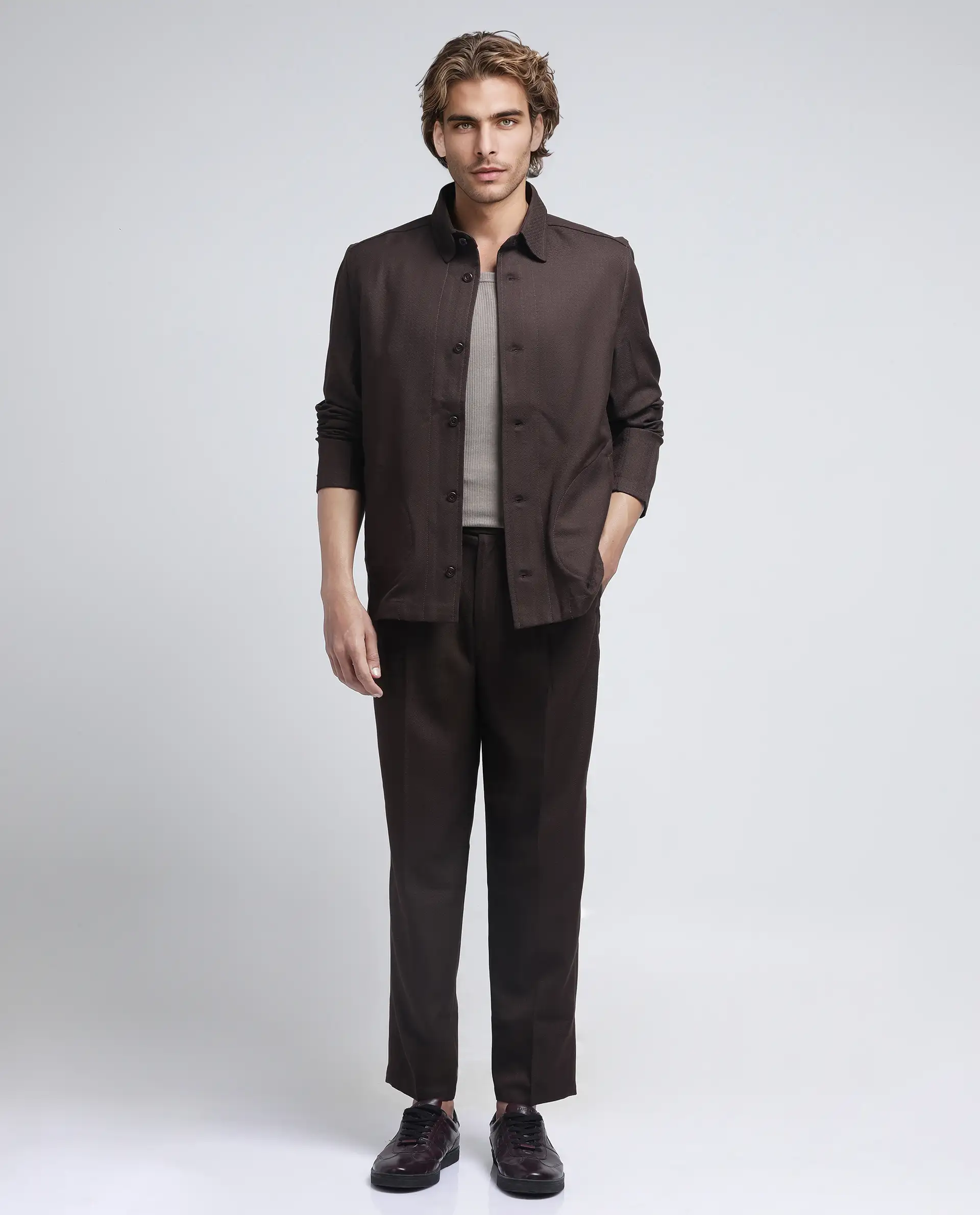 Rare Rabbit Men's Aront Dark Brown Polyester Plain Relaxed Fit Full Sleeve Spread Collar Jacket - Image 2