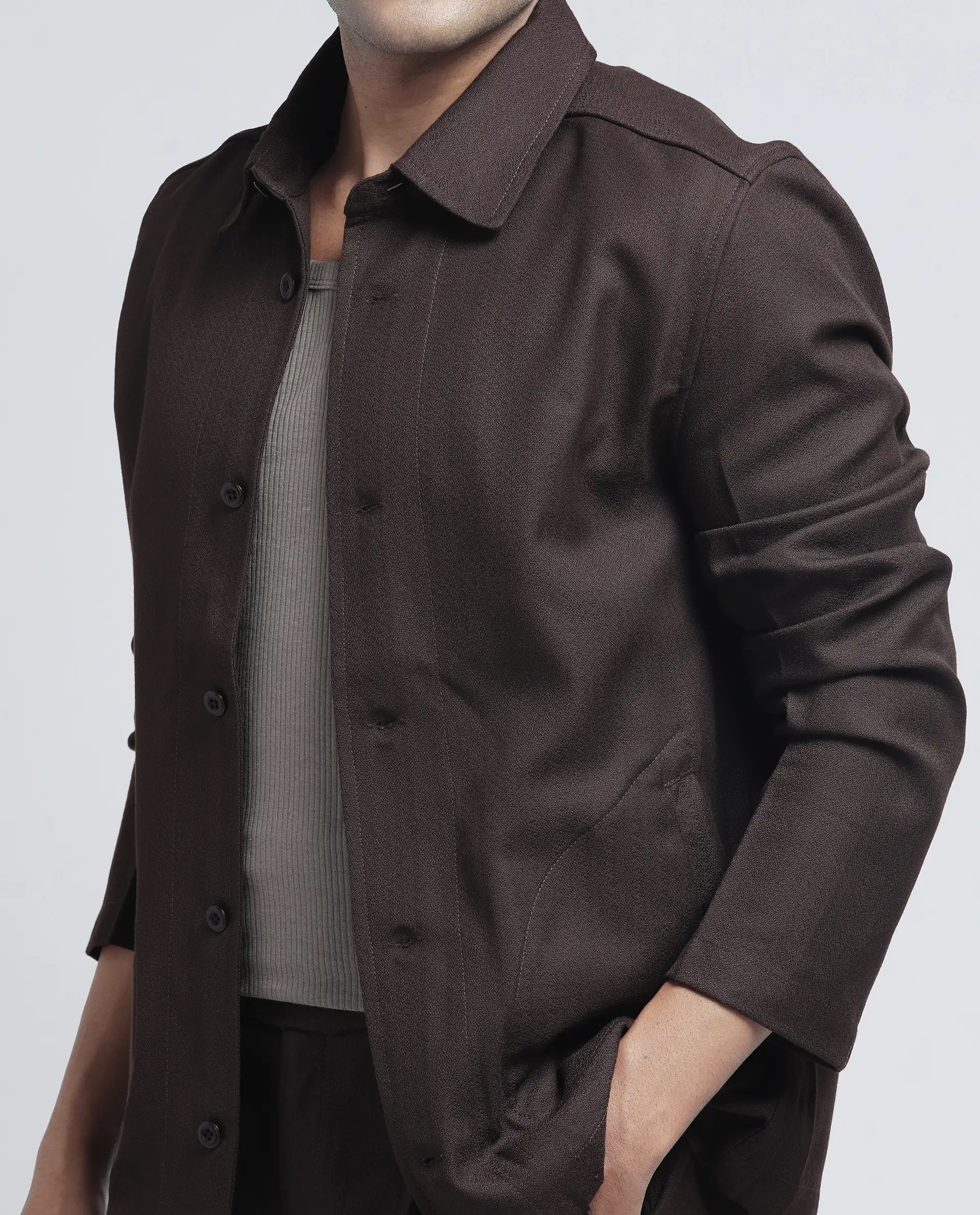Rare Rabbit Men's Aront Dark Brown Polyester Plain Relaxed Fit Full Sleeve Spread Collar Jacket - Image 3