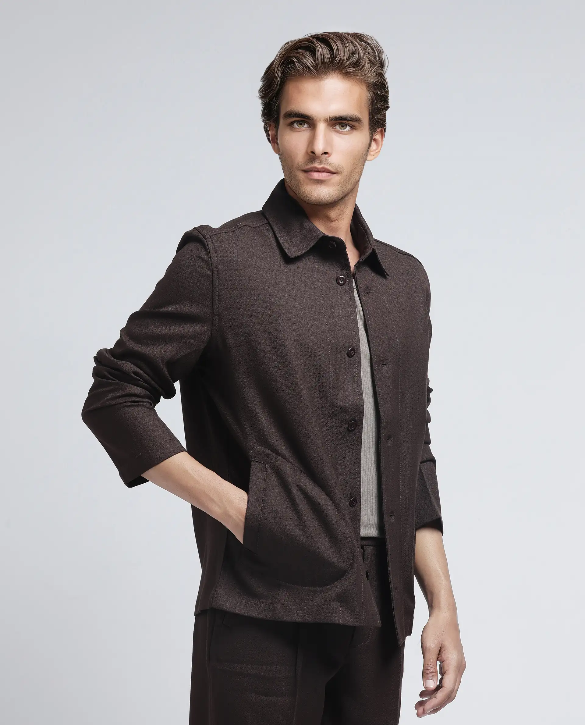 Rare Rabbit Men's Aront Dark Brown Polyester Plain Relaxed Fit Full Sleeve Spread Collar Jacket - Image 6