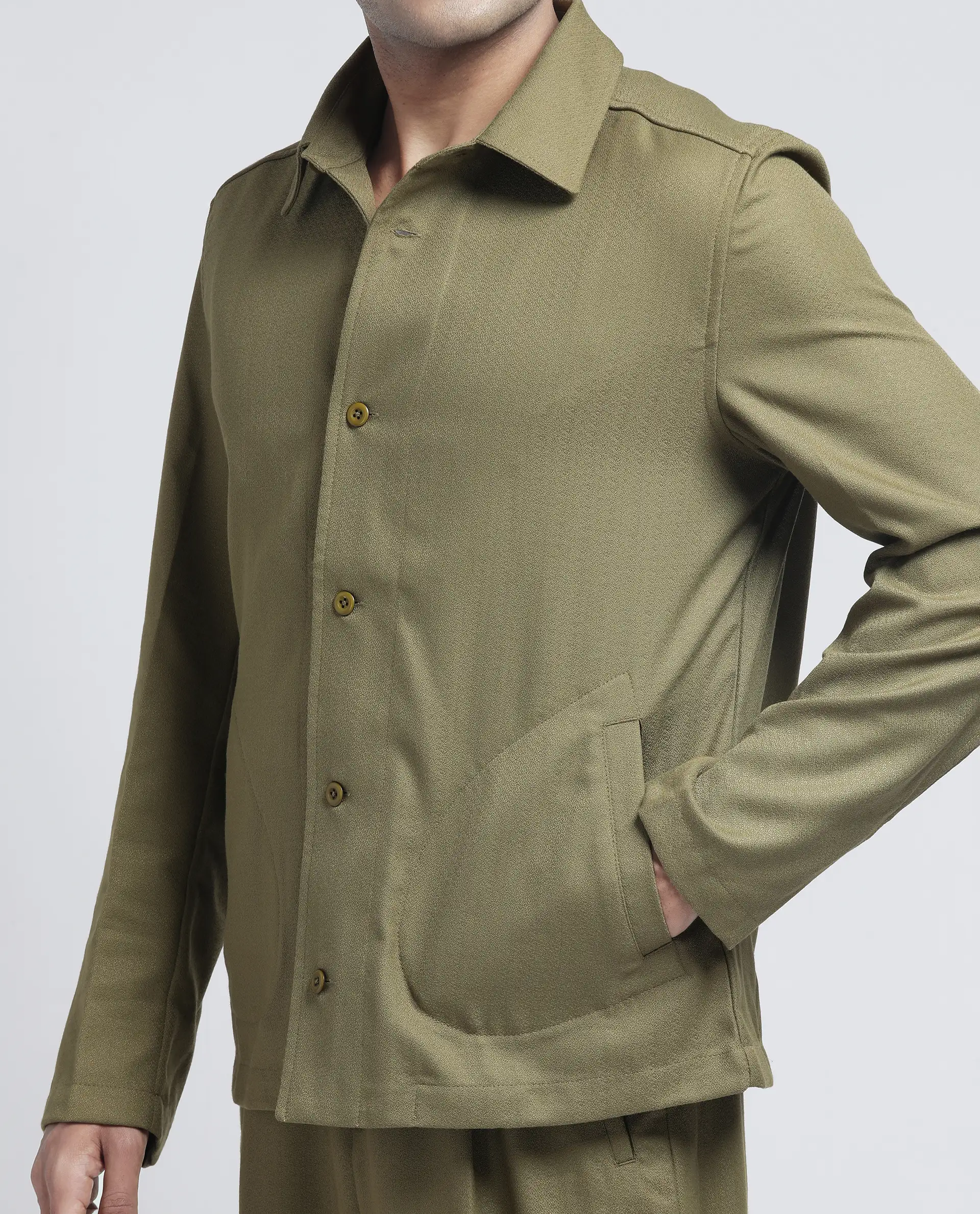 Rare Rabbit Men's Aront Olive Polyester Plain Relaxed Fit Full Sleeve Spread Collar Jacket - Image 3