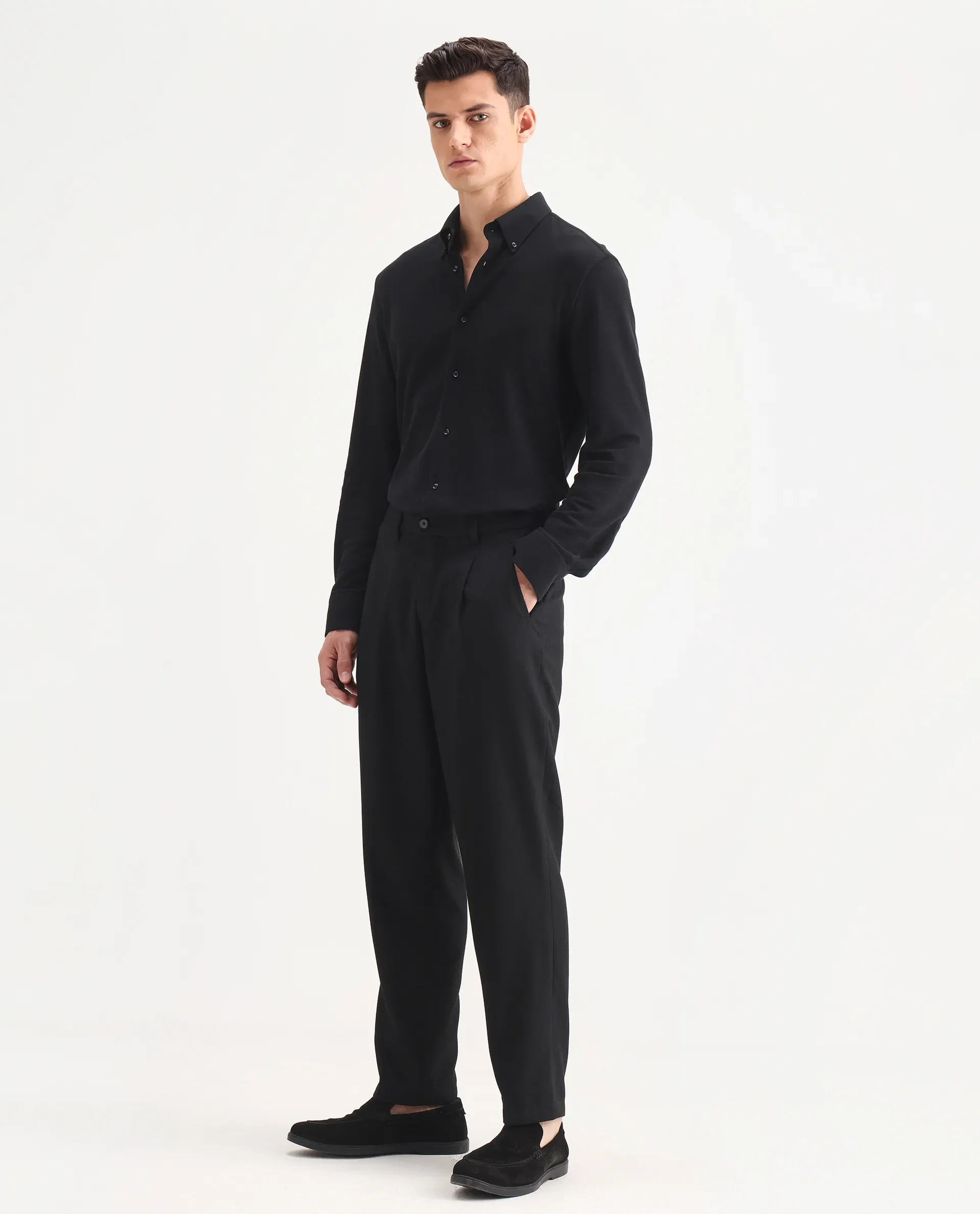 Rare Rabbit Men's Aront B Black Polyester Blend Plain Relaxed Fit Trouser - Image 5