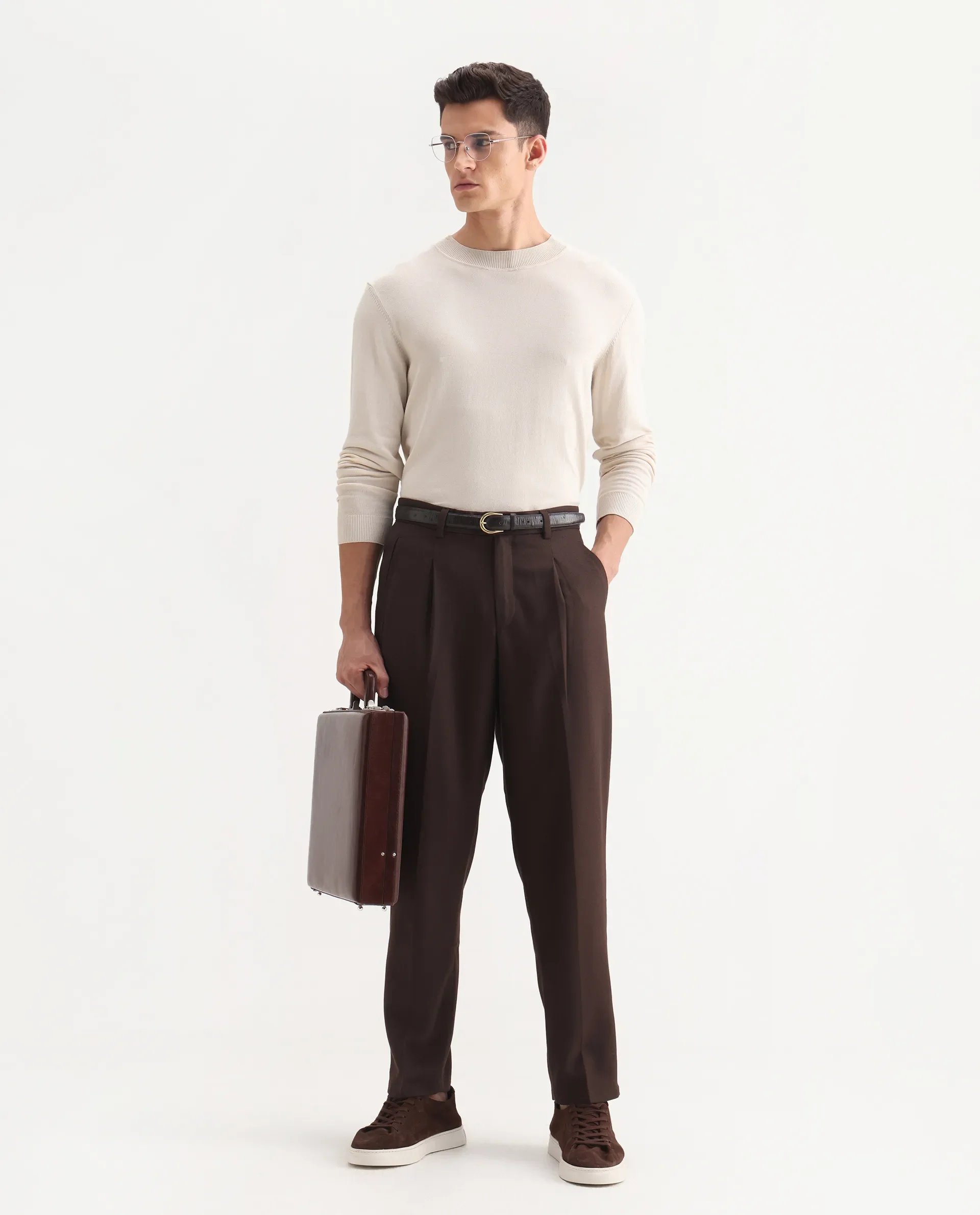 Rare Rabbit Men's Aront B Dark Brown Polyester Blend Plain Relaxed Fit Trouser
