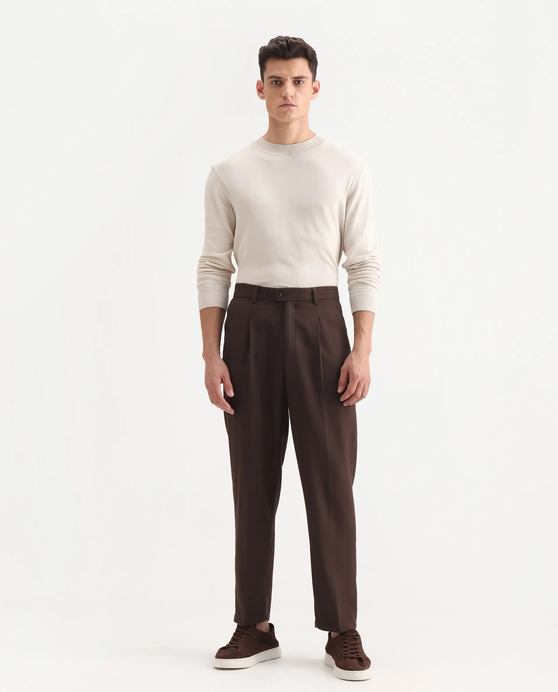 Rare Rabbit Men's Aront B Dark Brown Polyester Blend Plain Relaxed Fit Trouser - Image 4