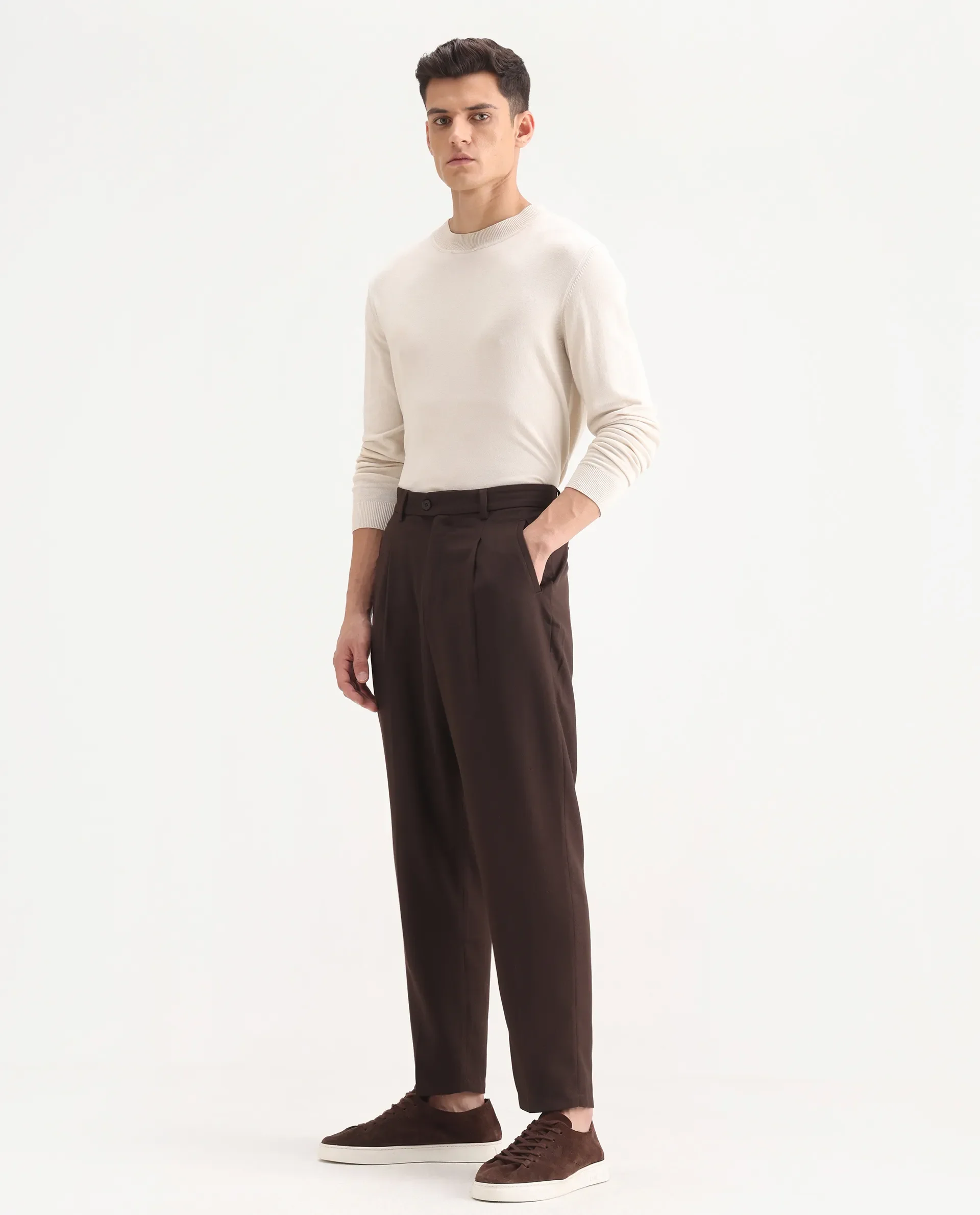 Rare Rabbit Men's Aront B Dark Brown Polyester Blend Plain Relaxed Fit Trouser - Image 5