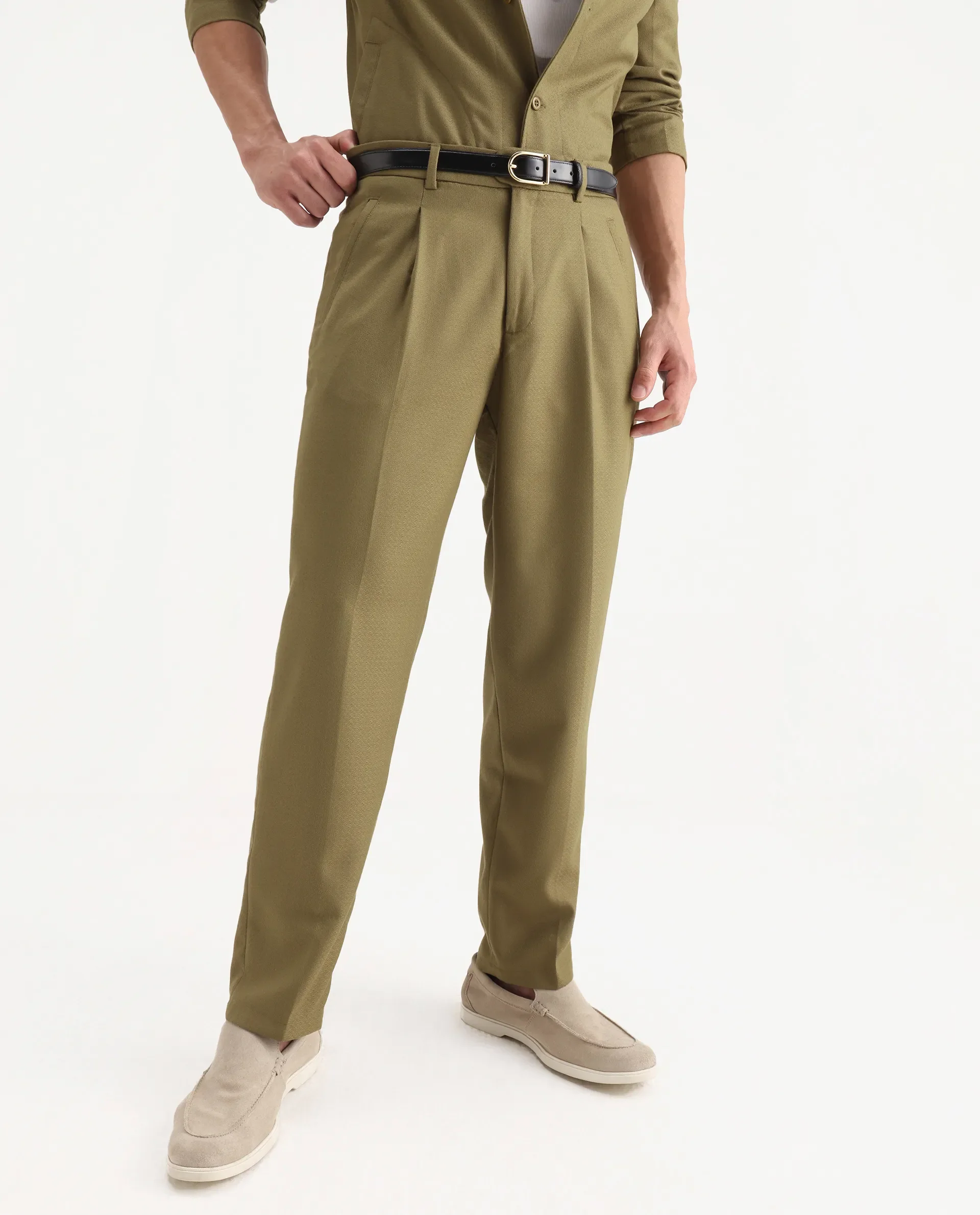 Rare Rabbit Men's Aront B Olive Polyester Blend Plain Relaxed Fit Trouser - Image 2