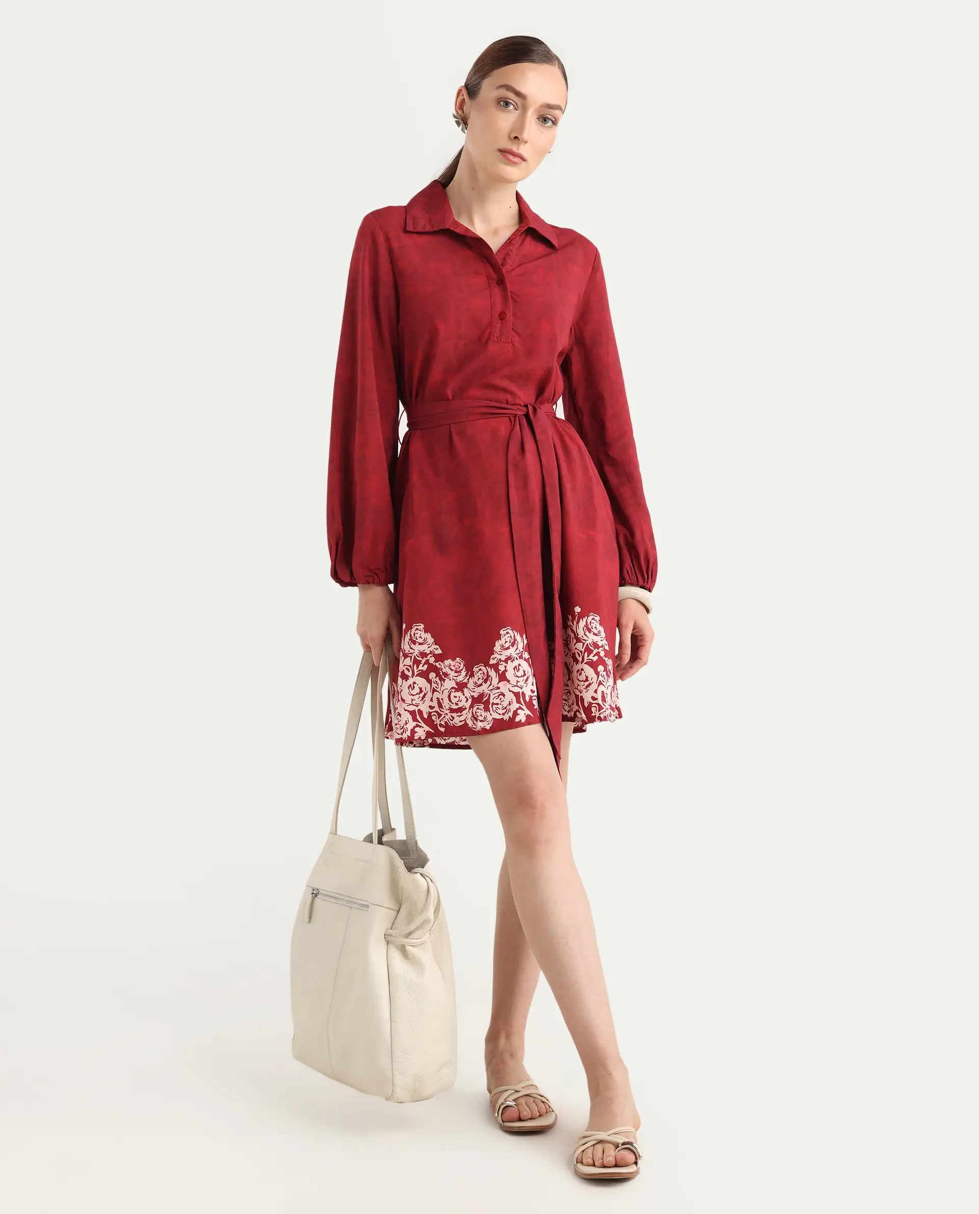 Rareism Women's Arot Dark Red Viscose Spread Collar A-Line Floral Print Dress - Image 2