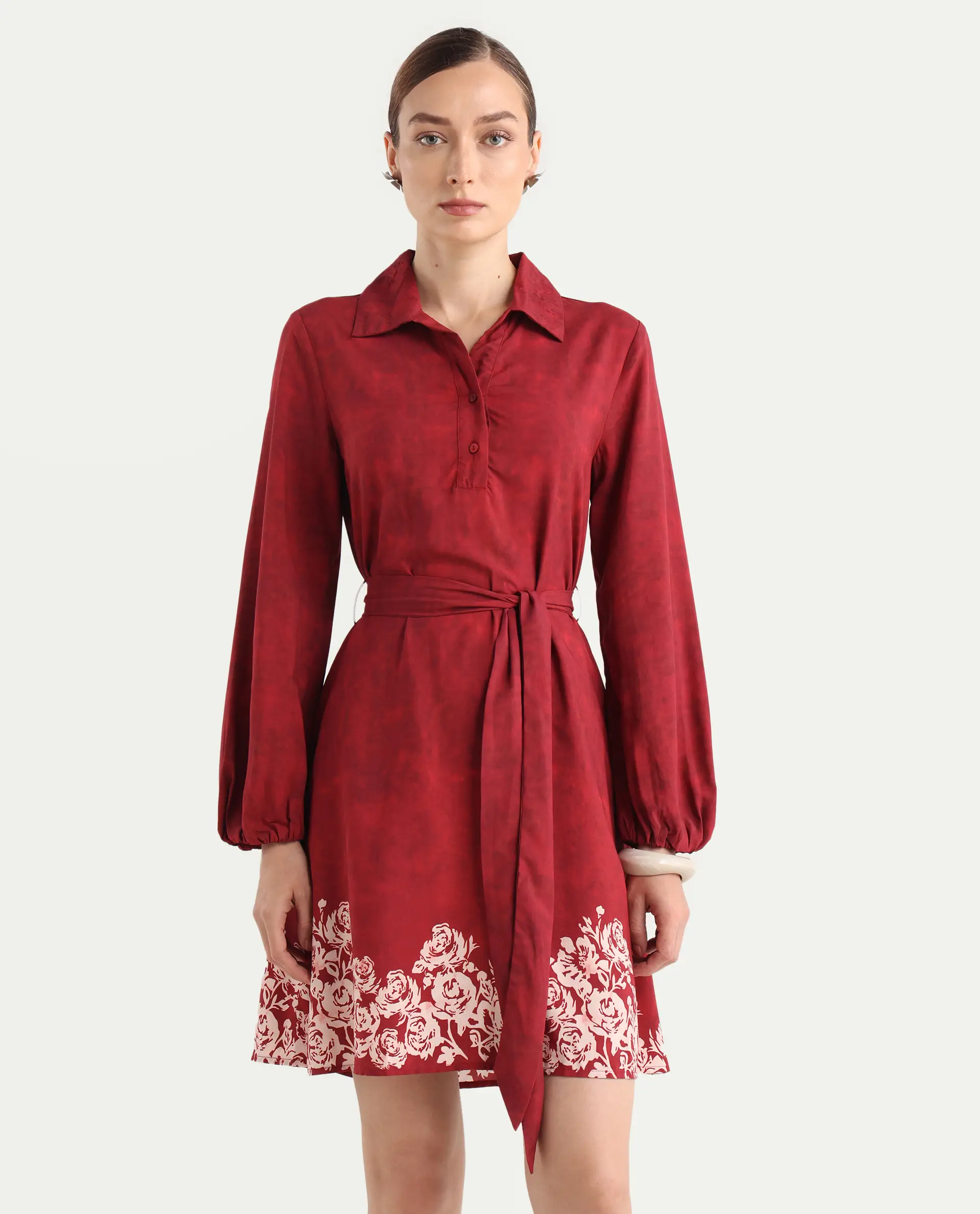 Rareism Women's Arot Dark Red Viscose Spread Collar A-Line Floral Print Dress - Image 3