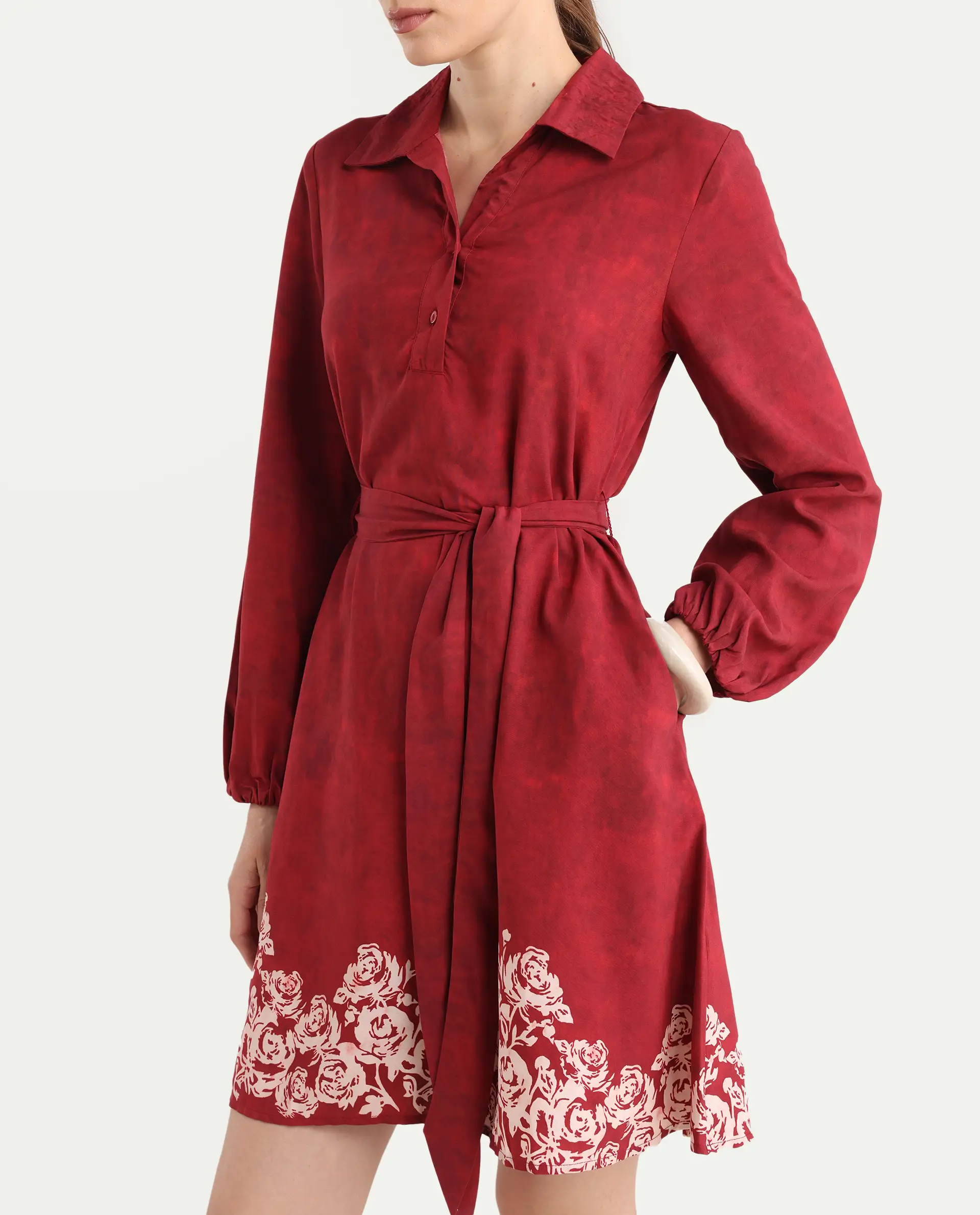Rareism Women's Arot Dark Red Viscose Spread Collar A-Line Floral Print Dress - Image 4