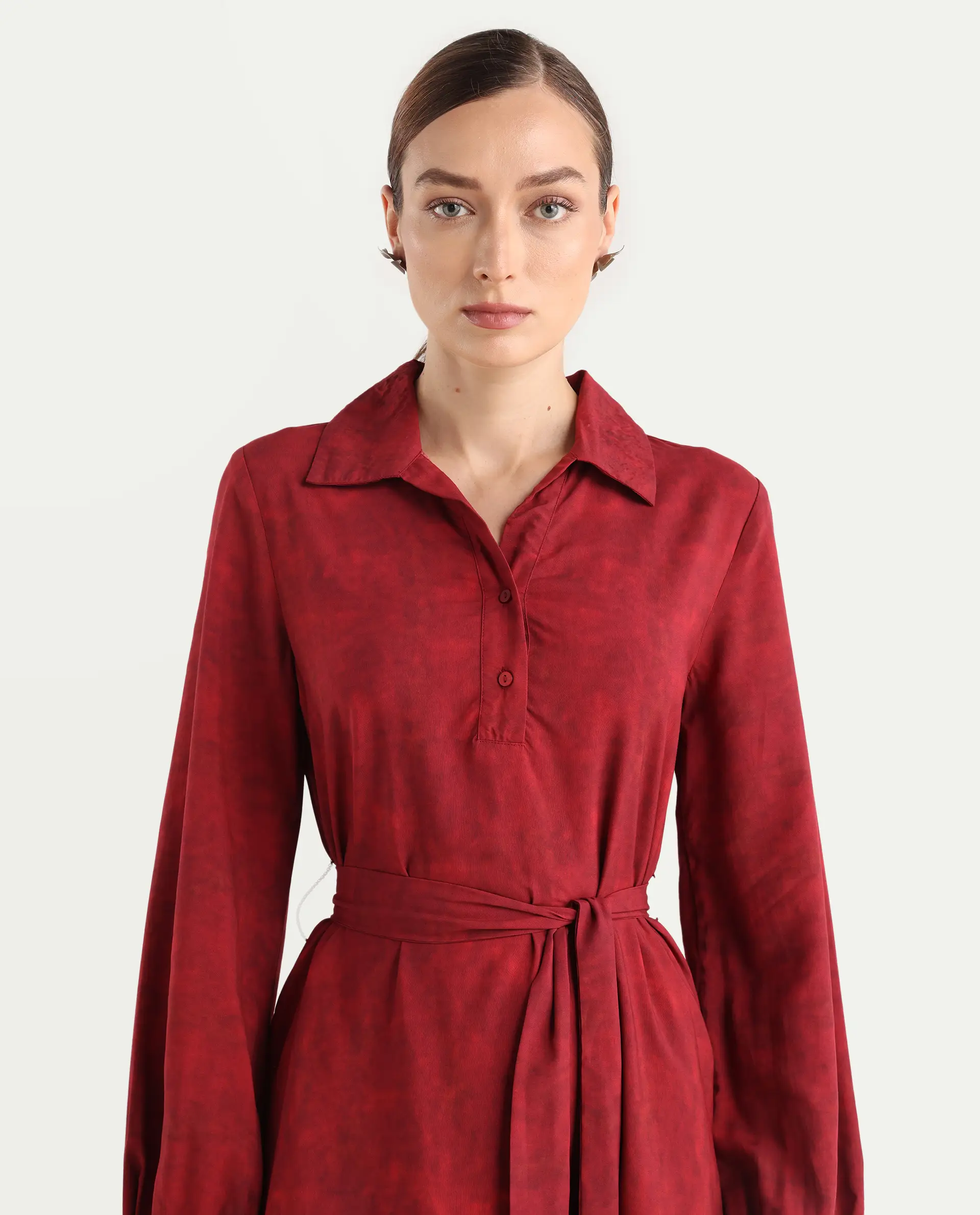 Rareism Women's Arot Dark Red Viscose Spread Collar A-Line Floral Print Dress - Image 5