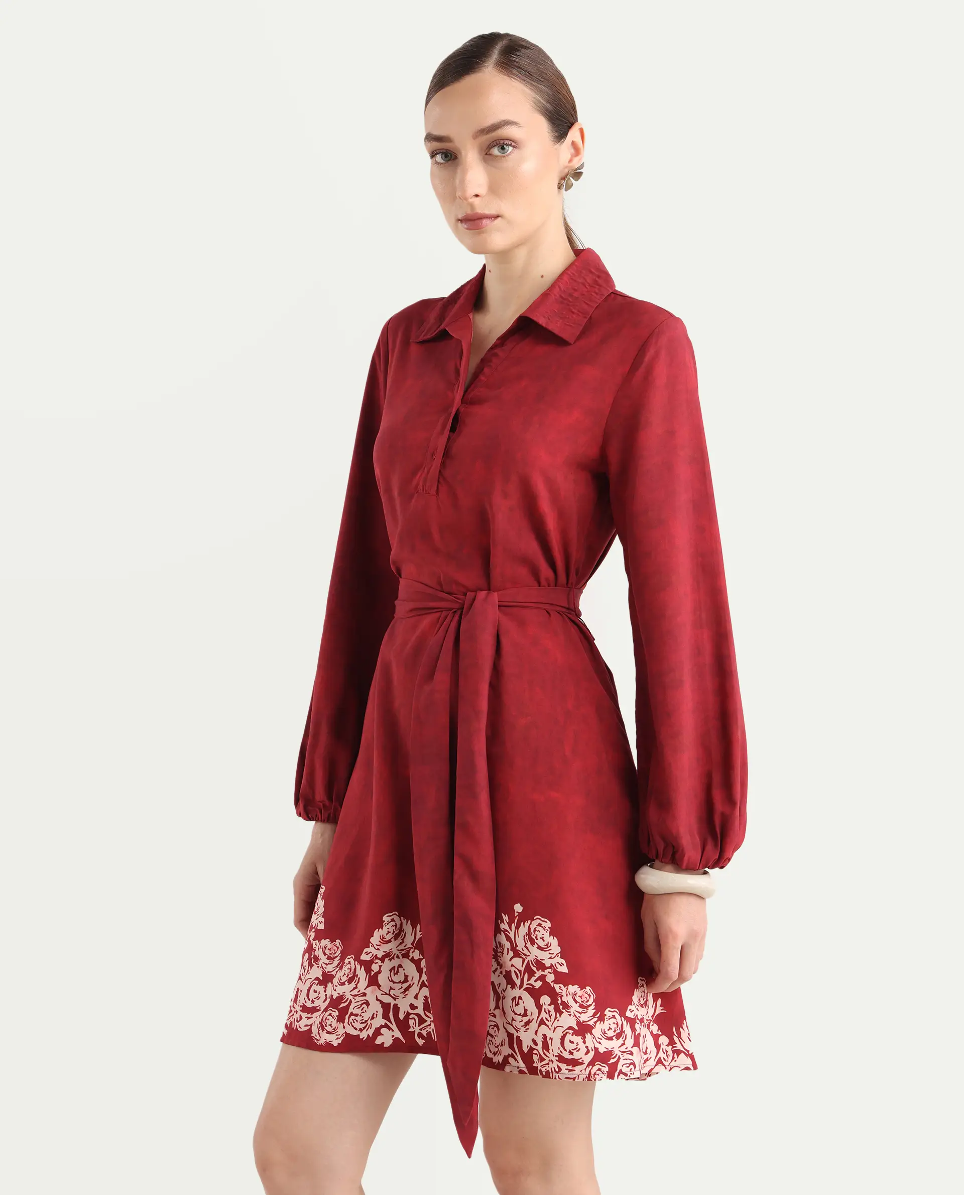 Rareism Women's Arot Dark Red Viscose Spread Collar A-Line Floral Print Dress - Image 6