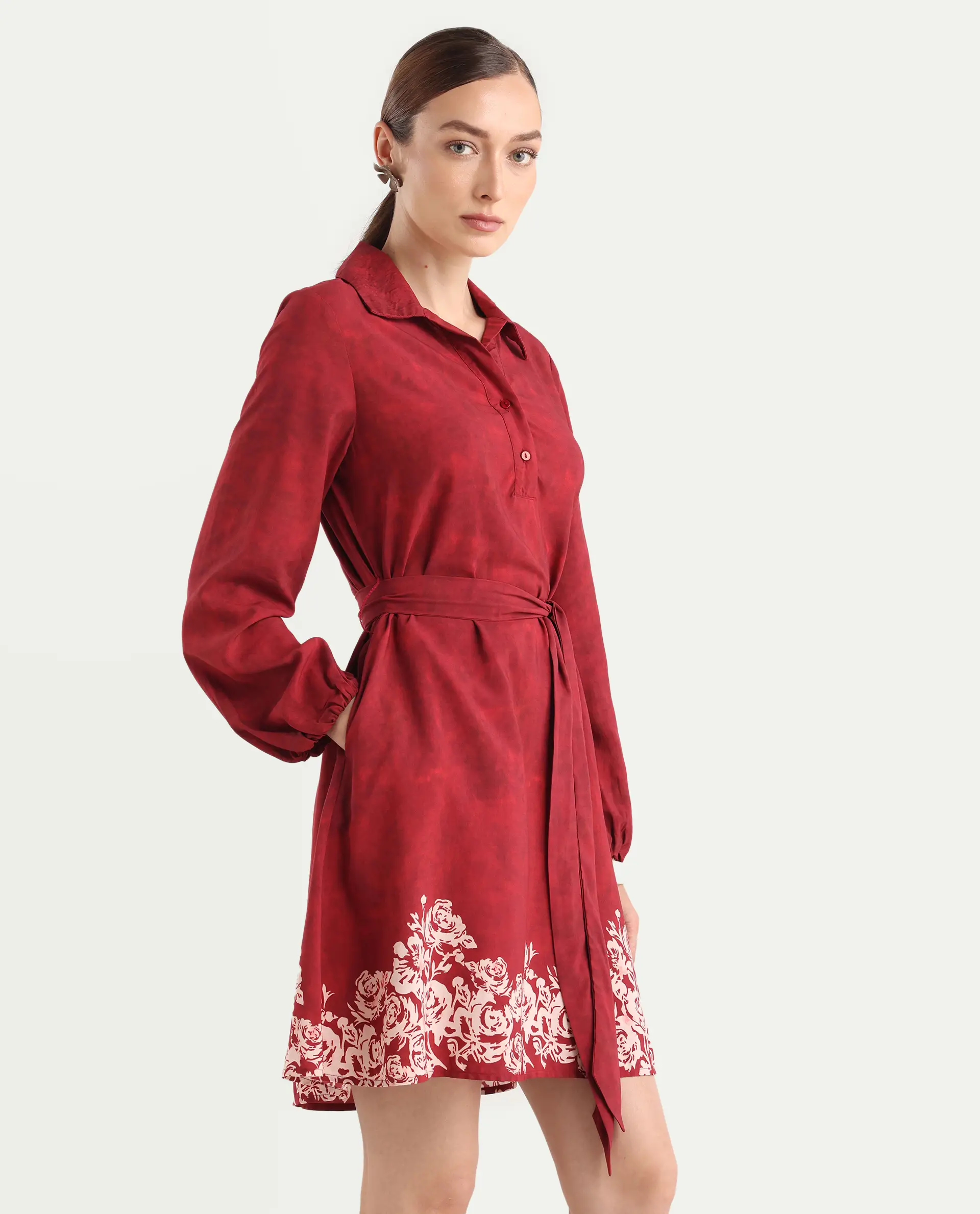 Rareism Women's Arot Dark Red Viscose Spread Collar A-Line Floral Print Dress - Image 7