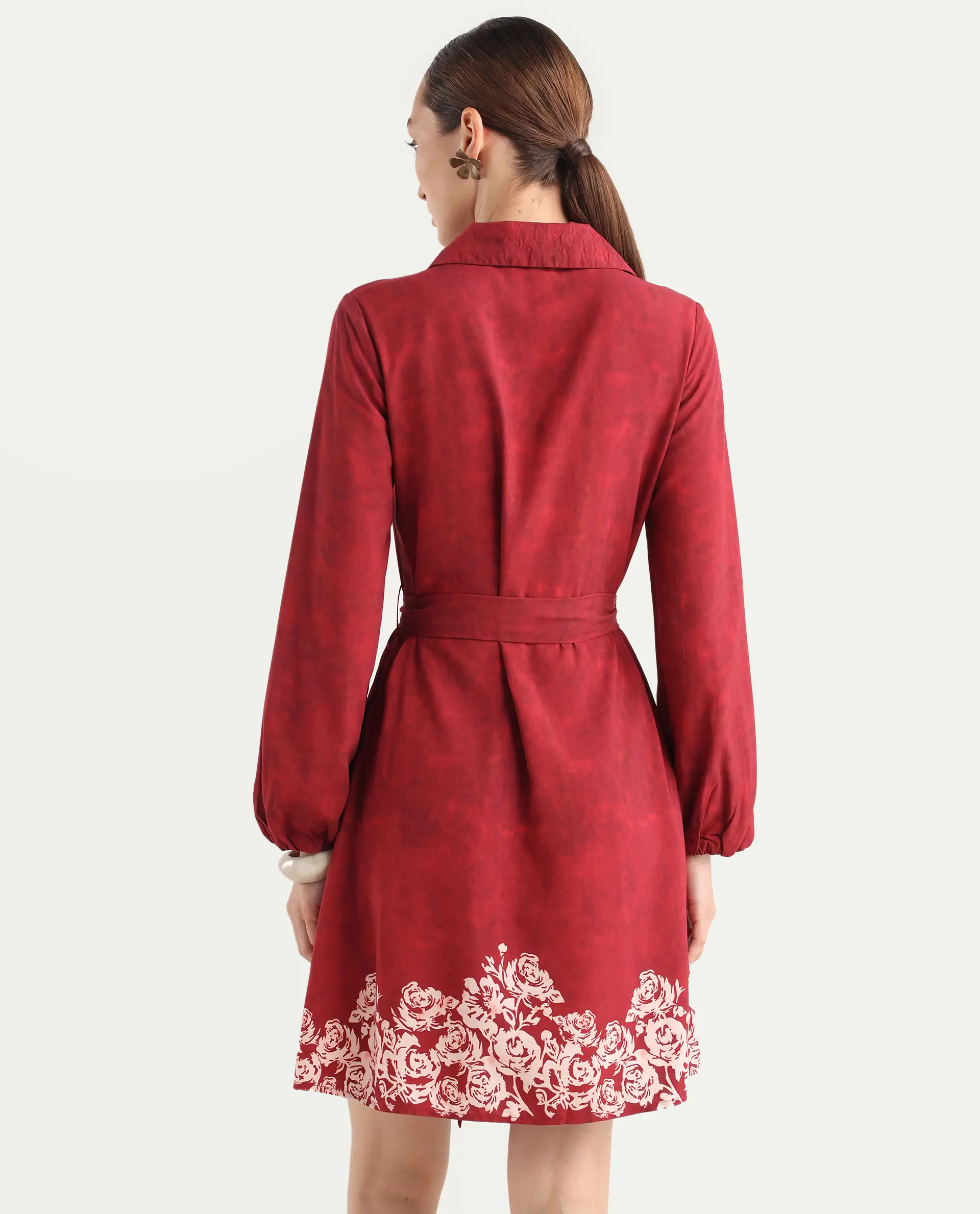 Rareism Women's Arot Dark Red Viscose Spread Collar A-Line Floral Print Dress - Image 8