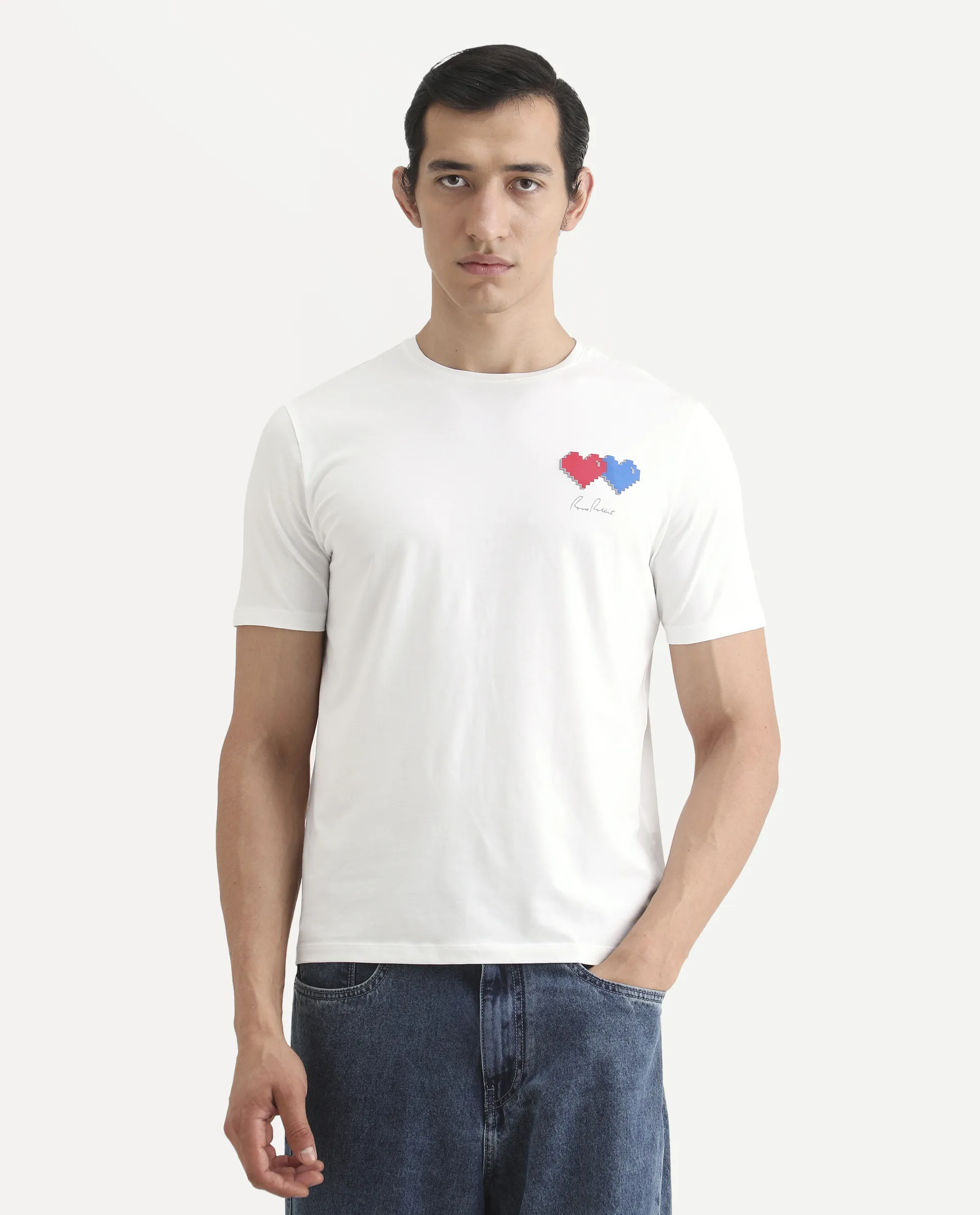 Rare Rabbit Men's Arota-S26 White Cotton Blend Fabric Half Sleeve Crew Neck Regular Fit Graphic Print T-Shirt - Image 4