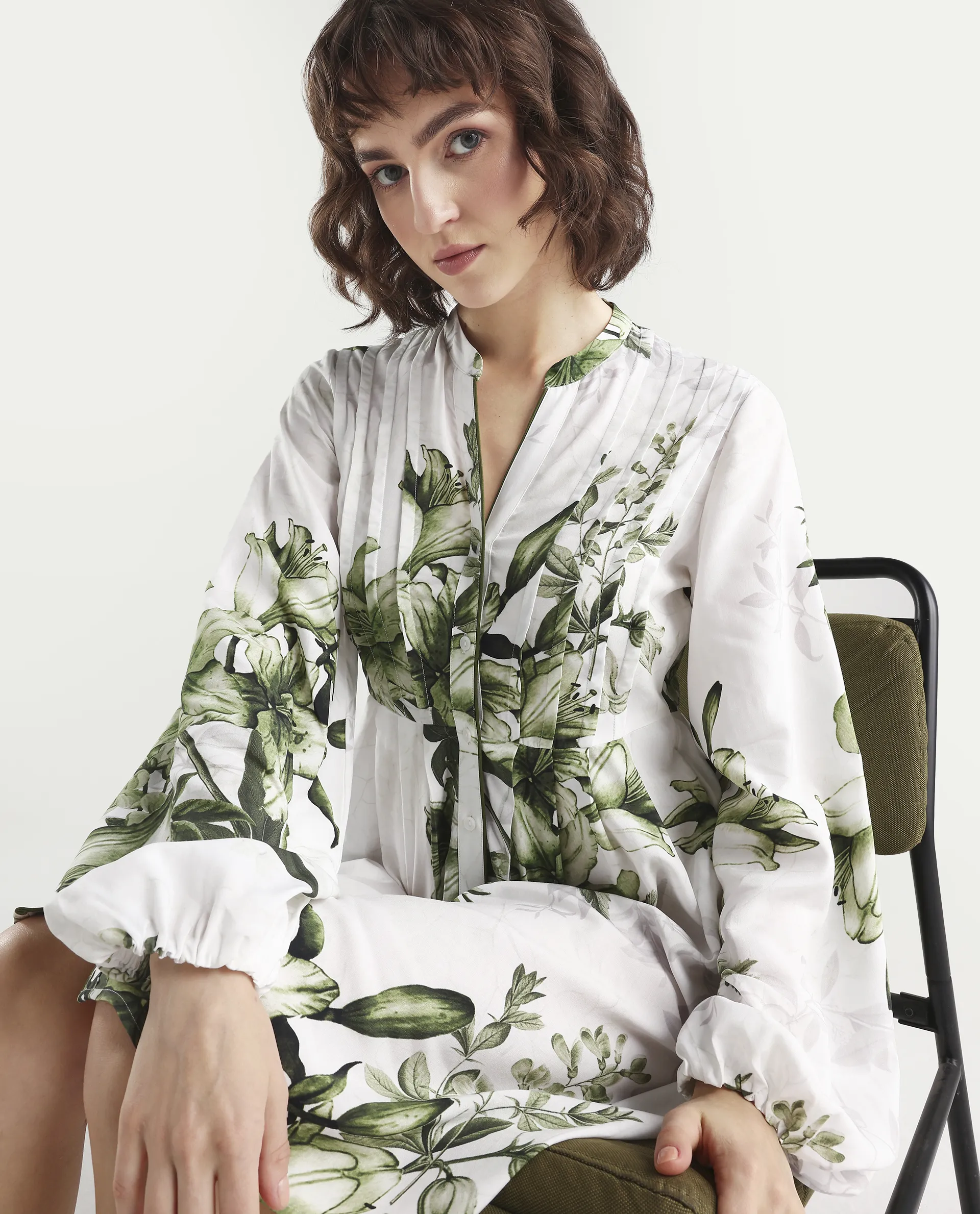 Rareism Women's Arote Off White Viscose Full Sleeve Band Collar Fit And Flare Floral Print Dress