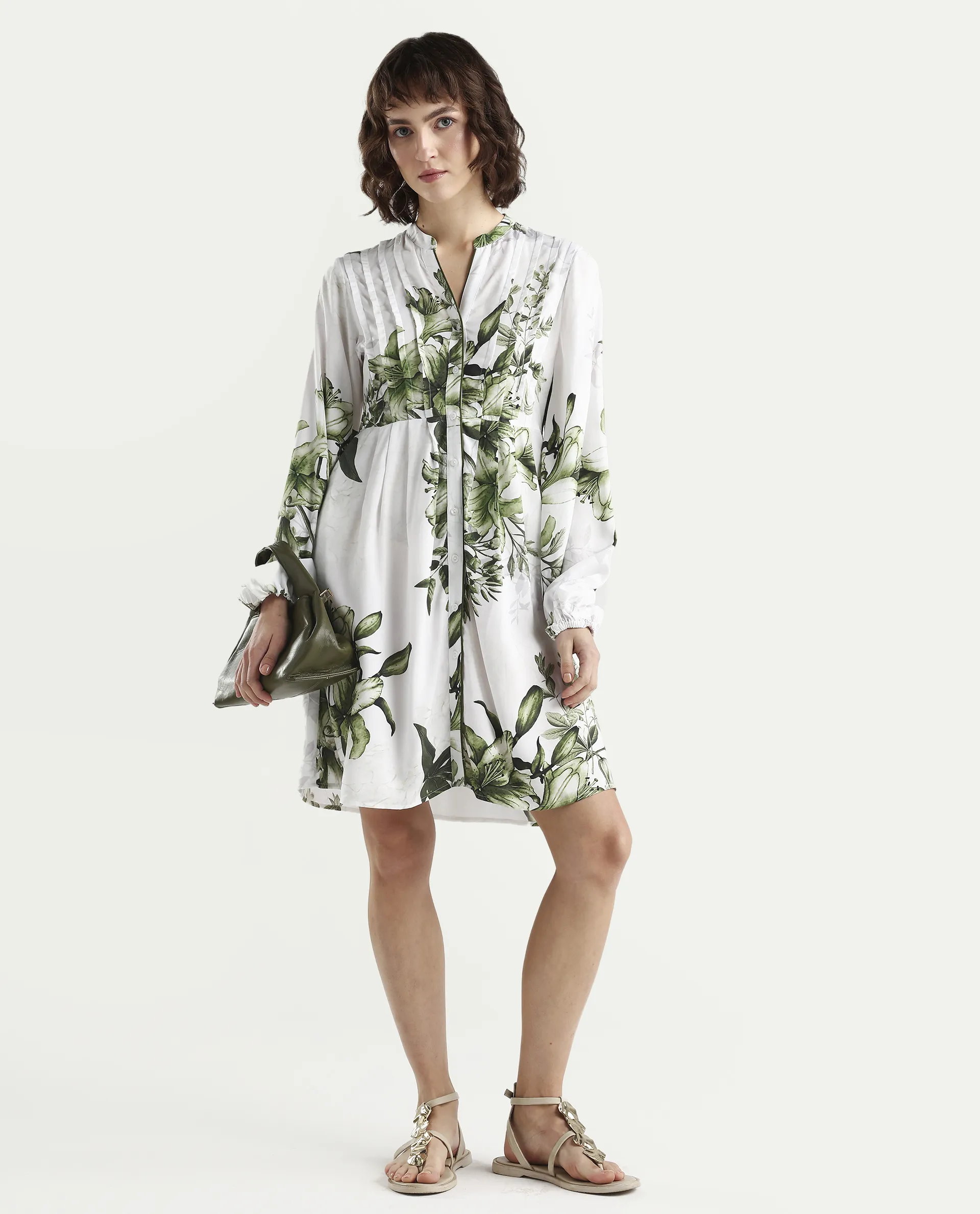 Rareism Women's Arote Off White Viscose Full Sleeve Band Collar Fit And Flare Floral Print Dress - Image 2