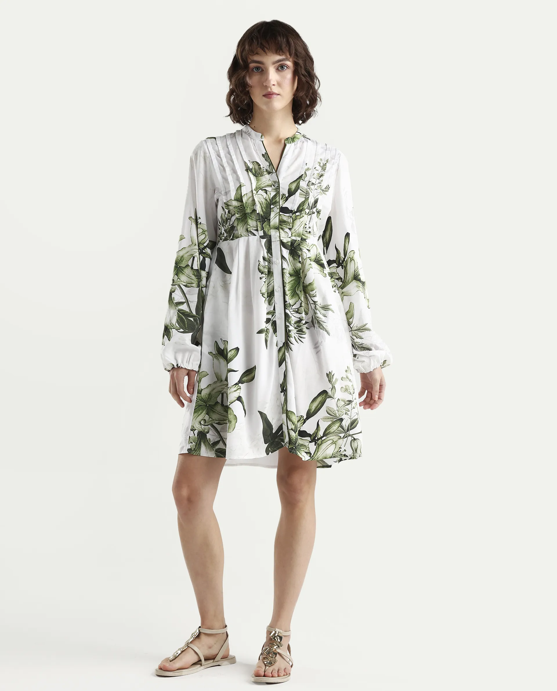 Rareism Women's Arote Off White Viscose Full Sleeve Band Collar Fit And Flare Floral Print Dress - Image 3