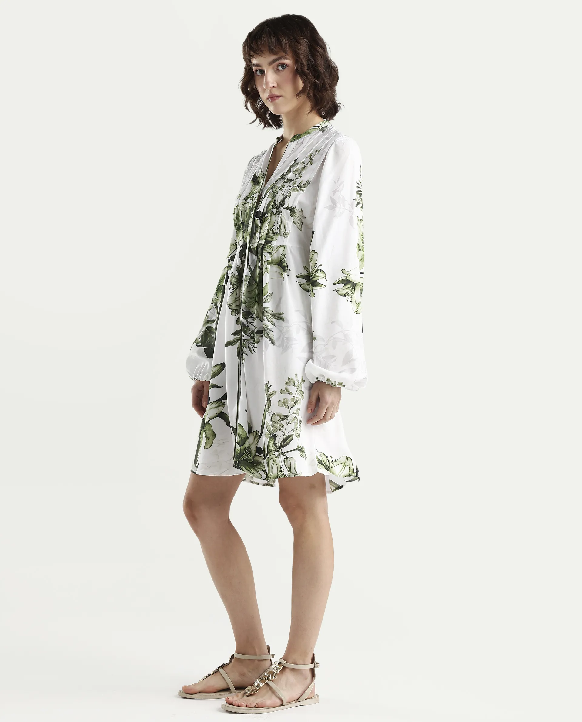 Rareism Women's Arote Off White Viscose Full Sleeve Band Collar Fit And Flare Floral Print Dress - Image 5