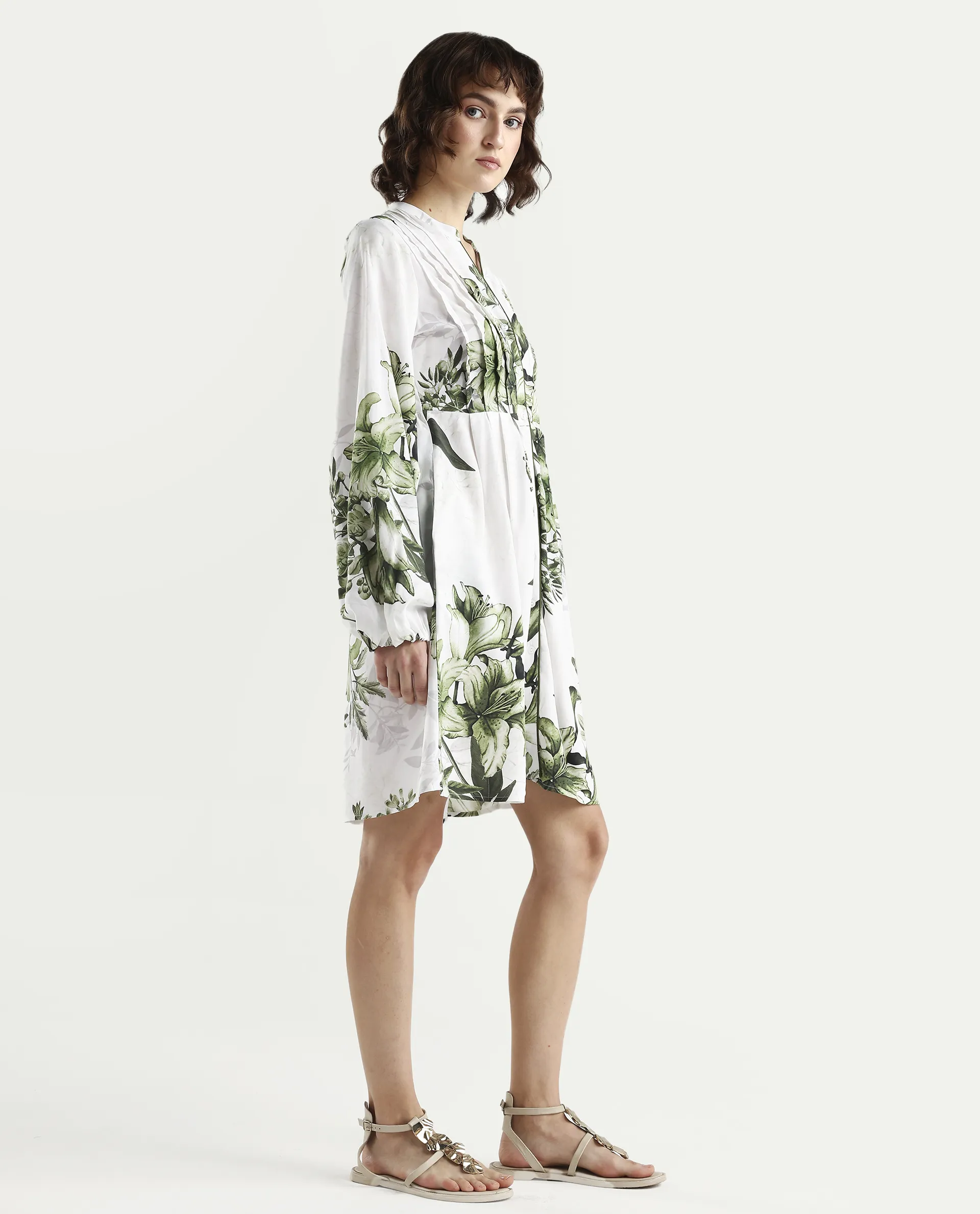 Rareism Women's Arote Off White Viscose Full Sleeve Band Collar Fit And Flare Floral Print Dress - Image 6