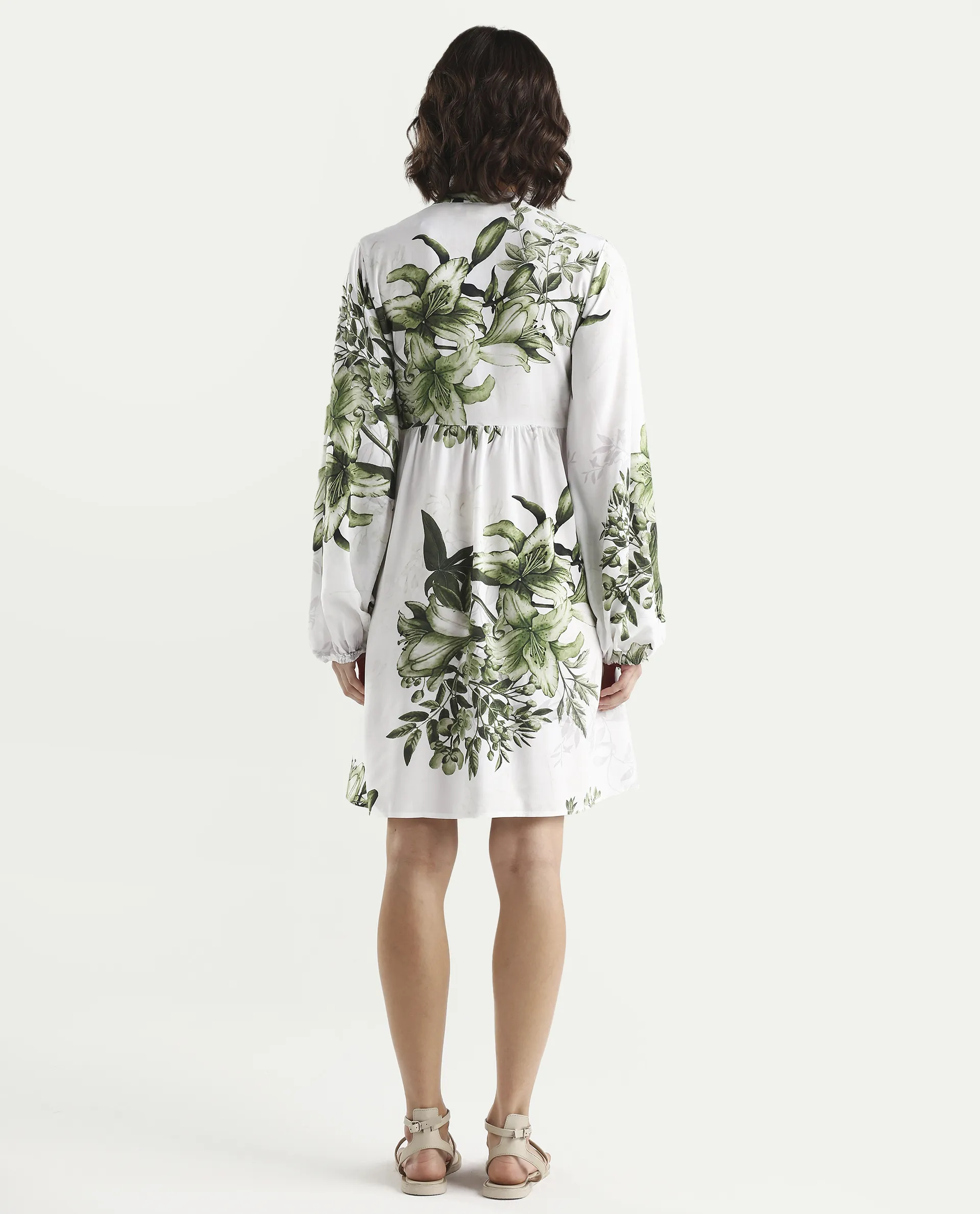 Rareism Women's Arote Off White Viscose Full Sleeve Band Collar Fit And Flare Floral Print Dress - Image 7