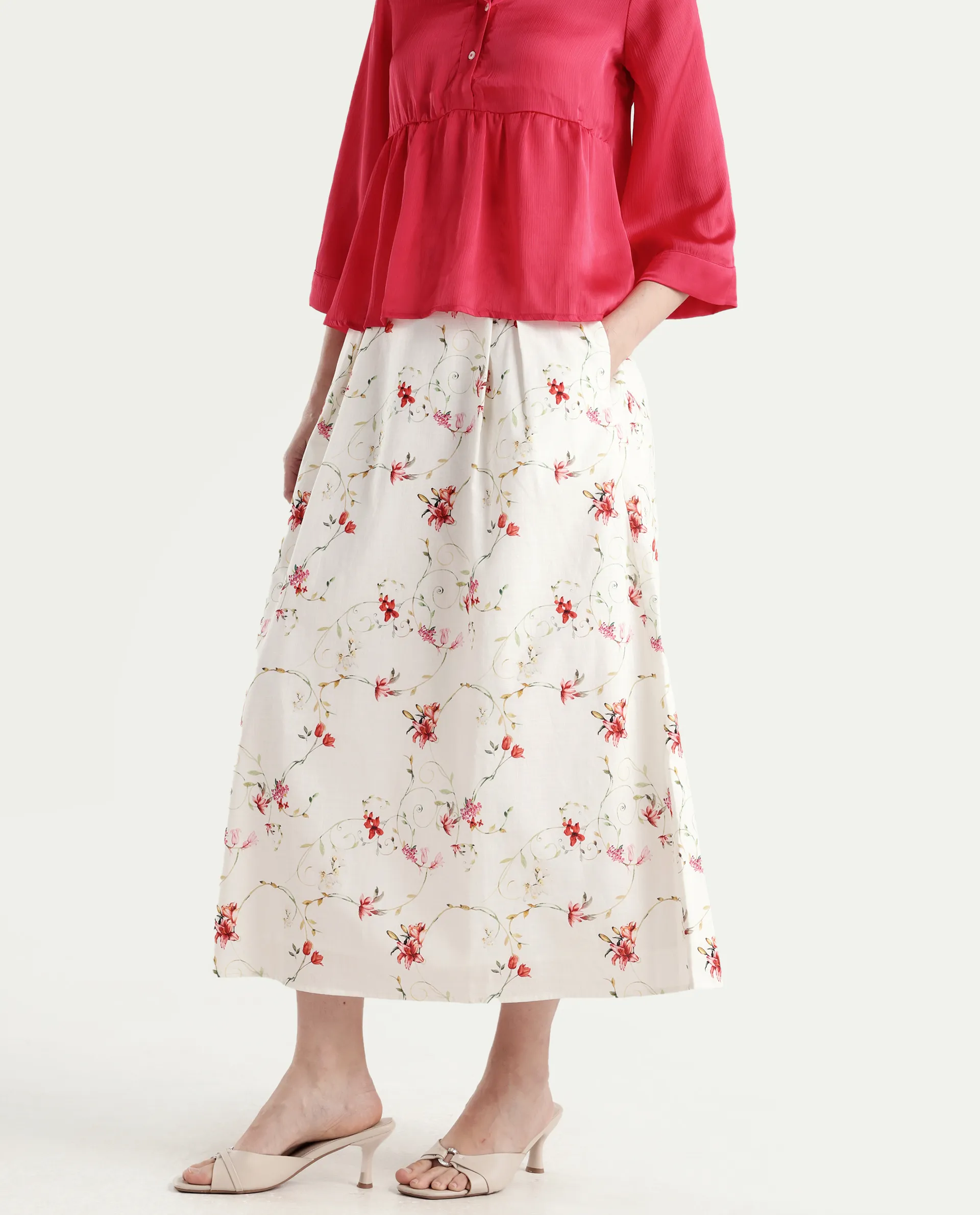 Rareism Women's Aroy-B Off White Cotton A-Line Floral Print Skirt - Image 2