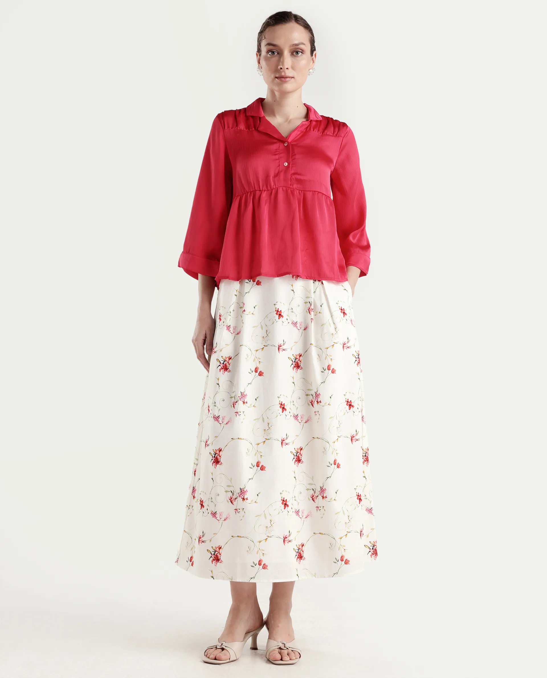 Rareism Women's Aroy-B Off White Cotton A-Line Floral Print Skirt - Image 3