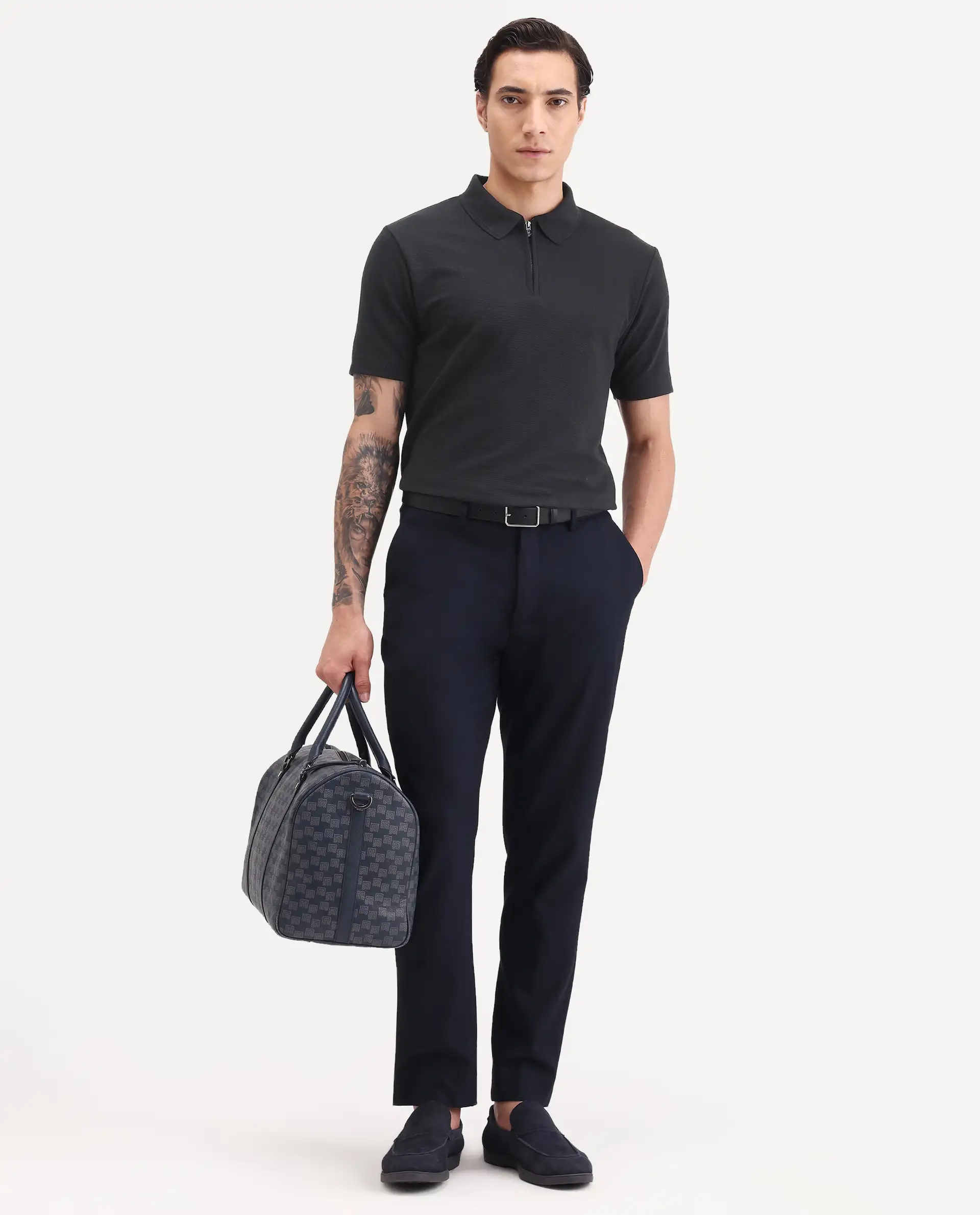 Rare Rabbit Men's Arp Black Cotton Blend Fabric Half Sleeve Spread Collar Regular Fit Plain Polo - Image 2