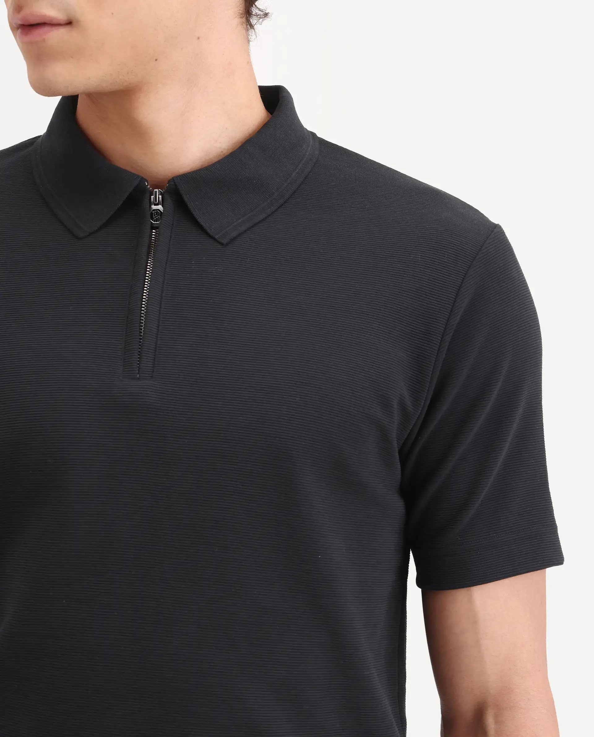 Rare Rabbit Men's Arp Black Cotton Blend Fabric Half Sleeve Spread Collar Regular Fit Plain Polo - Image 3