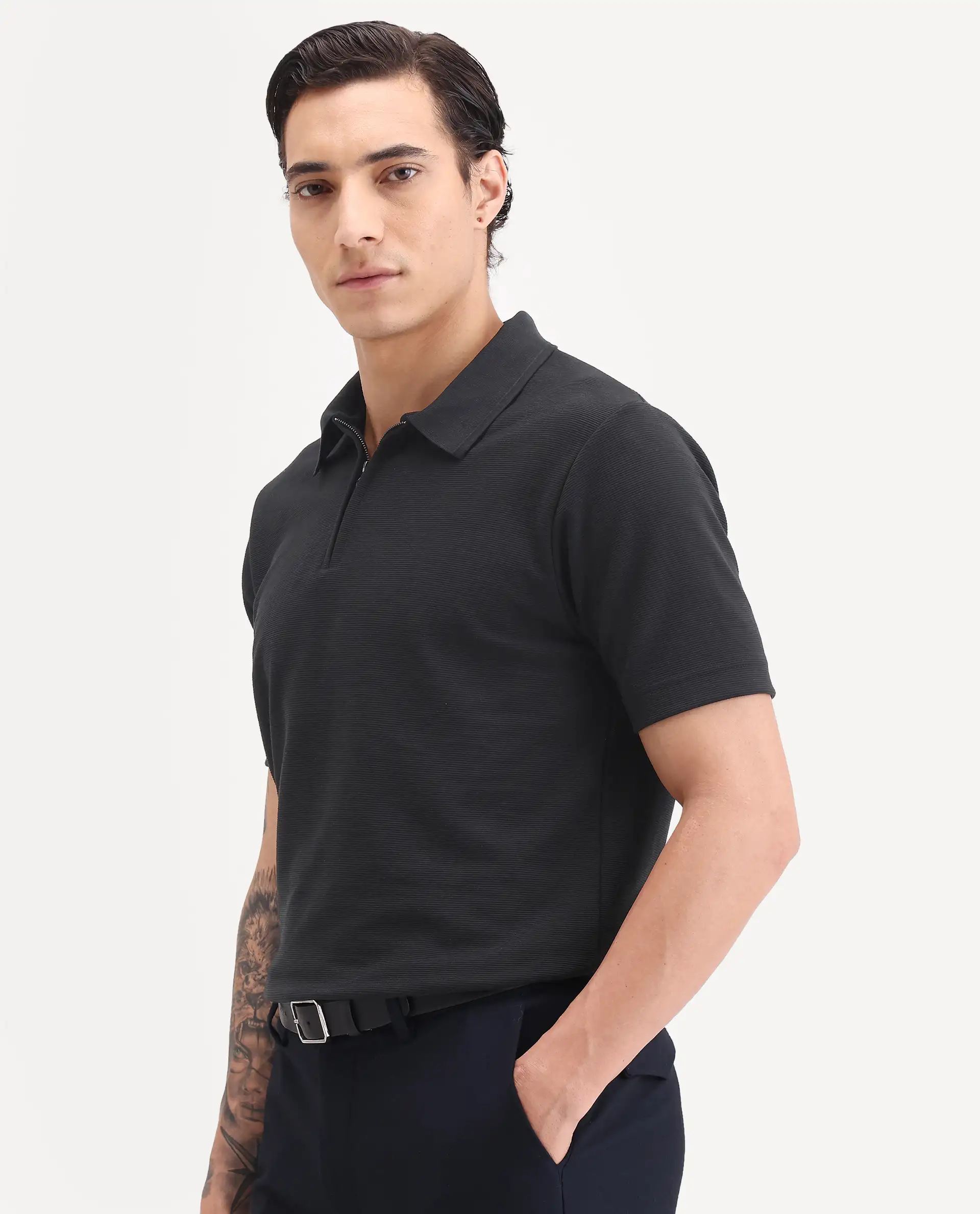 Rare Rabbit Men's Arp Black Cotton Blend Fabric Half Sleeve Spread Collar Regular Fit Plain Polo - Image 4