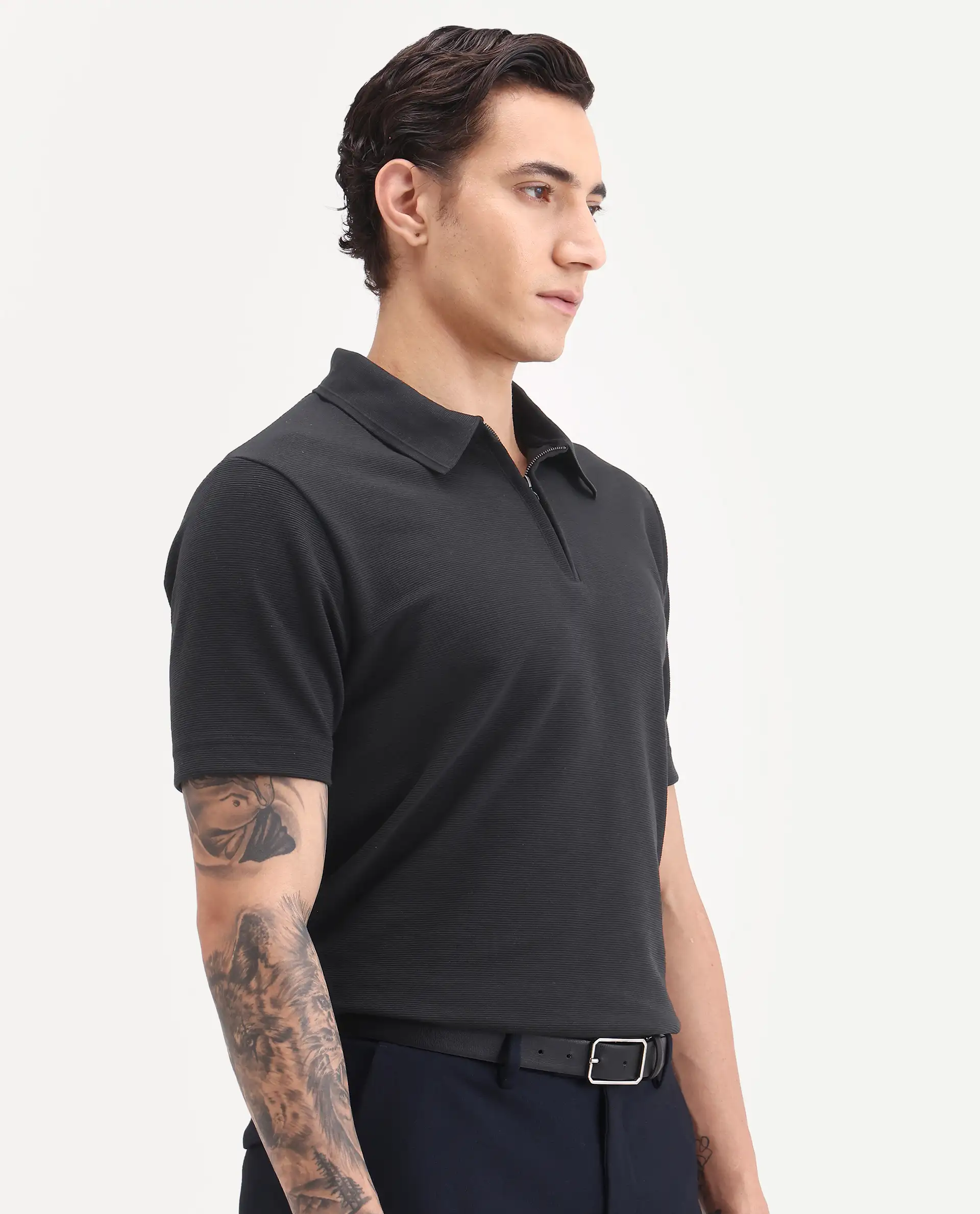 Rare Rabbit Men's Arp Black Cotton Blend Fabric Half Sleeve Spread Collar Regular Fit Plain Polo - Image 5