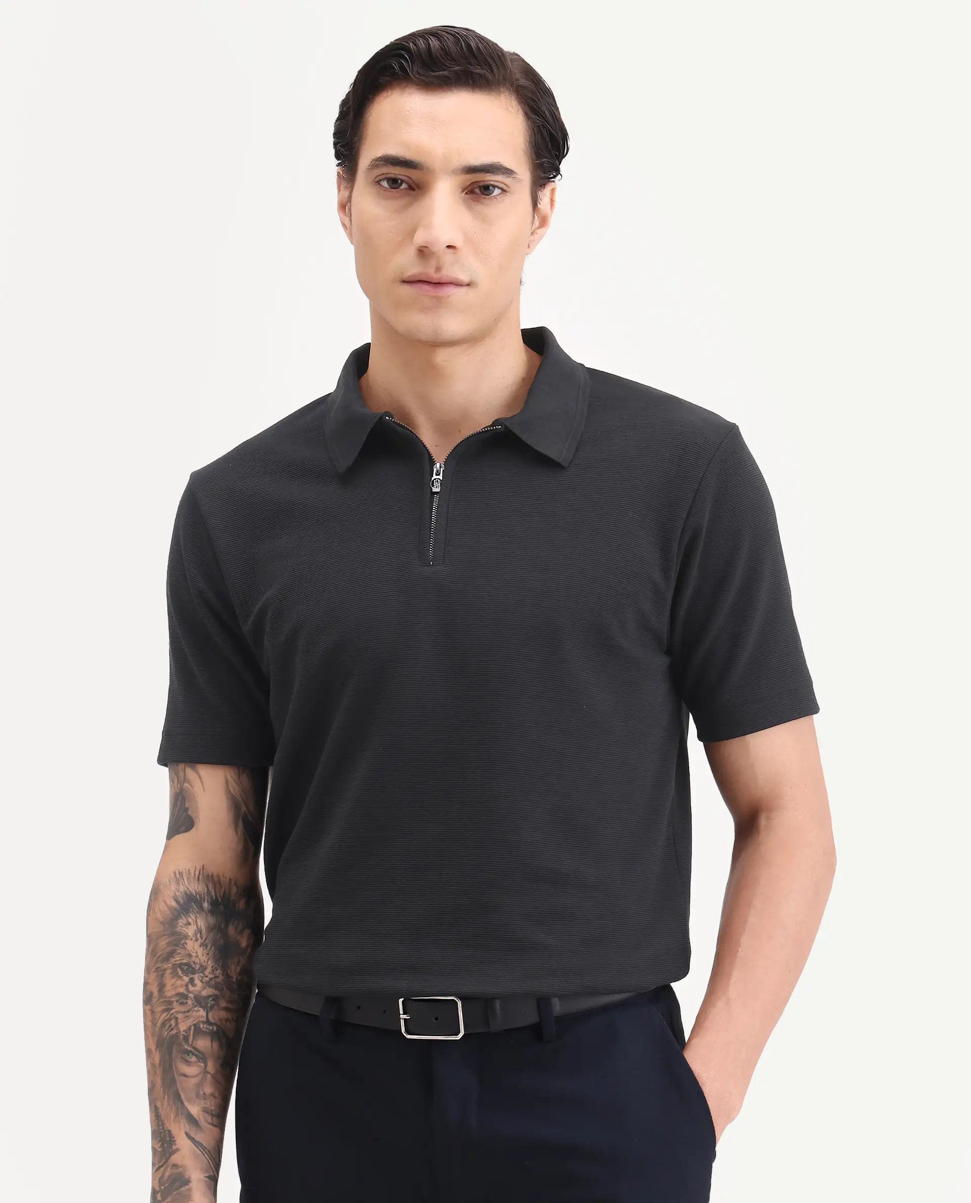 Rare Rabbit Men's Arp Black Cotton Blend Fabric Half Sleeve Spread Collar Regular Fit Plain Polo - Image 6
