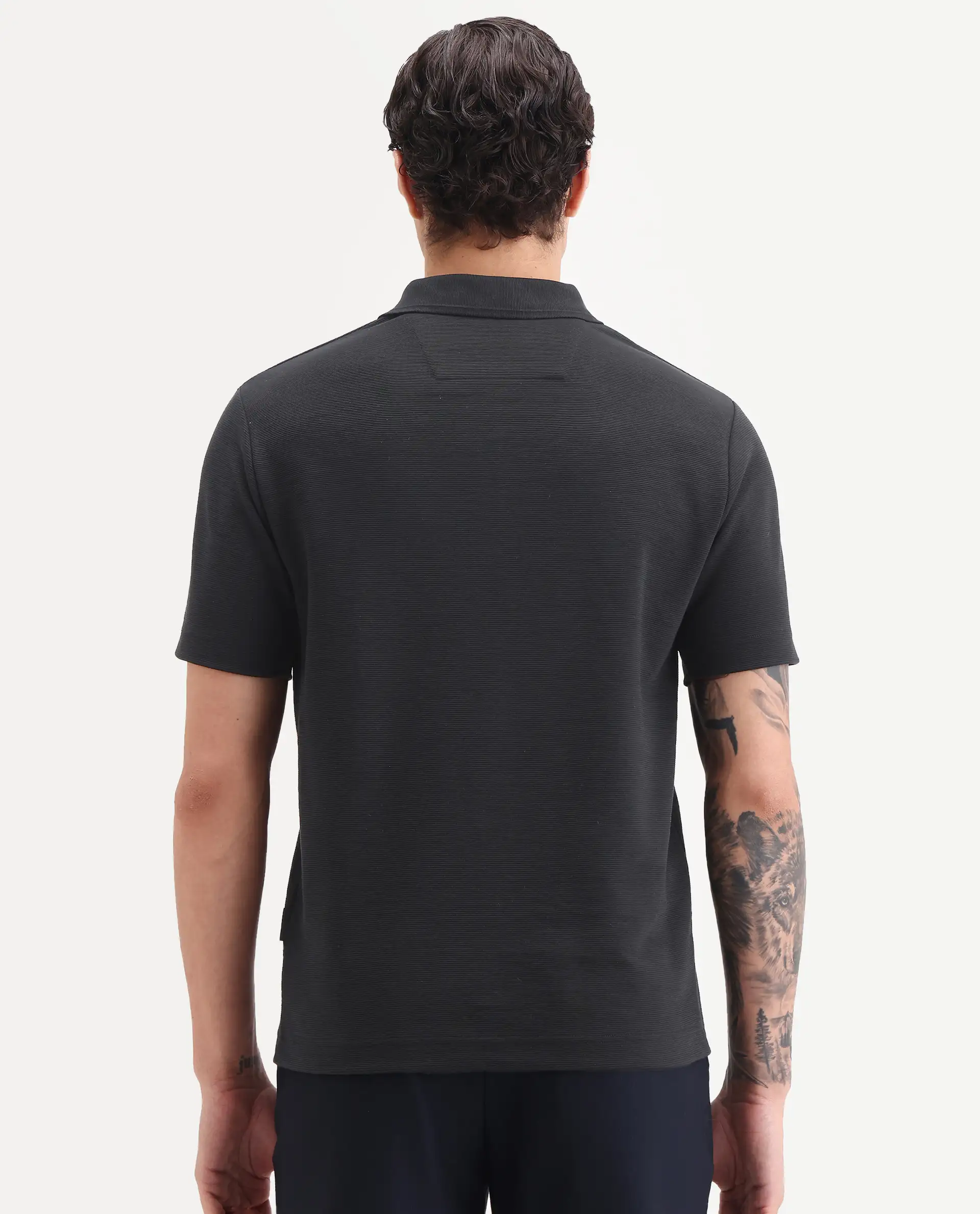 Rare Rabbit Men's Arp Black Cotton Blend Fabric Half Sleeve Spread Collar Regular Fit Plain Polo - Image 7