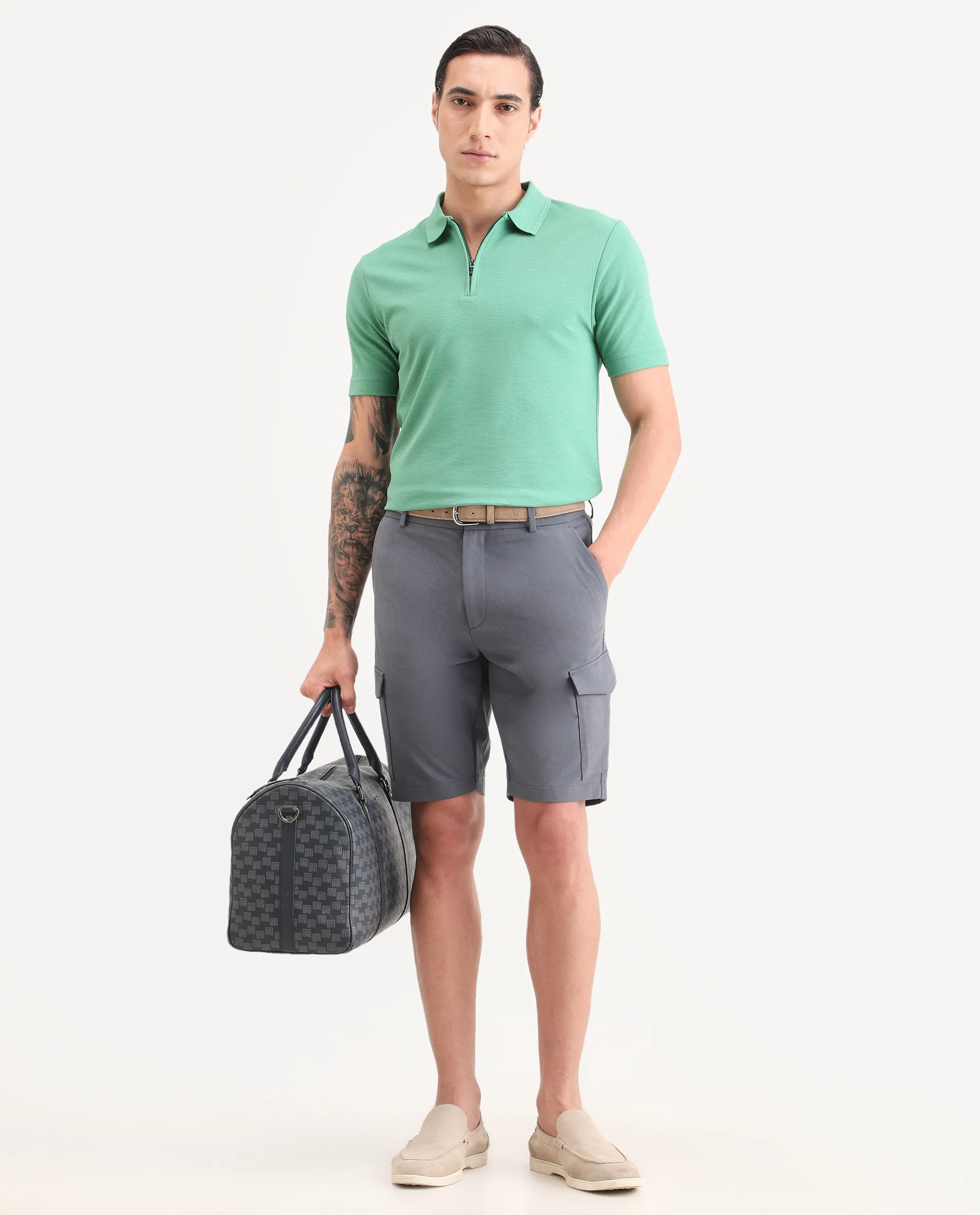 Rare Rabbit Men's Arp Dusky Green Cotton Blend Fabric Half Sleeve Spread Collar Regular Fit Plain Polo - Image 2