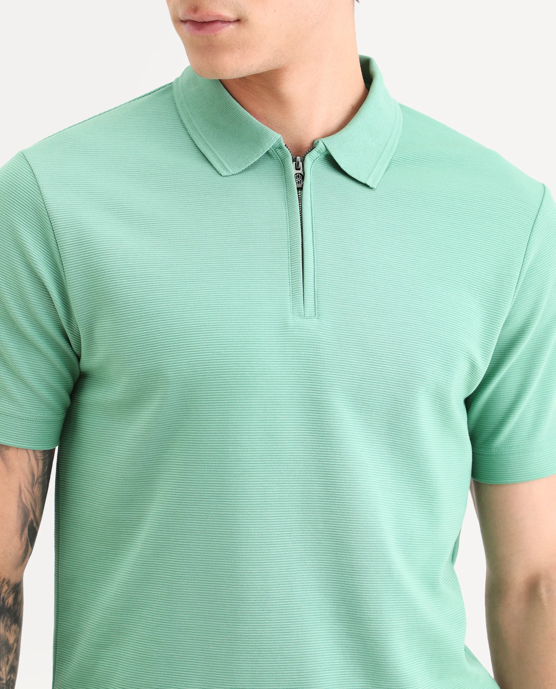 Rare Rabbit Men's Arp Dusky Green Cotton Blend Fabric Half Sleeve Spread Collar Regular Fit Plain Polo - Image 3