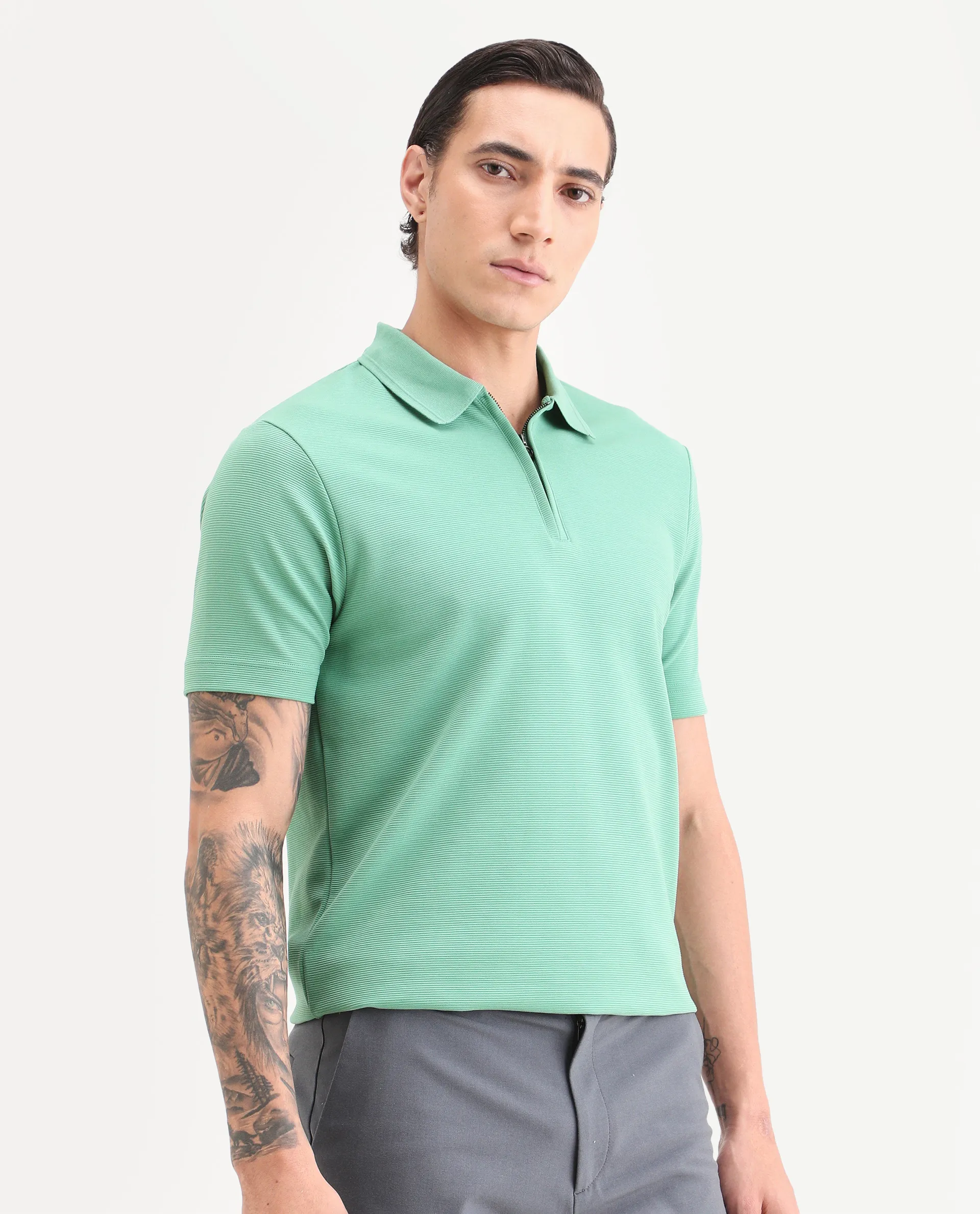 Rare Rabbit Men's Arp Dusky Green Cotton Blend Fabric Half Sleeve Spread Collar Regular Fit Plain Polo - Image 4