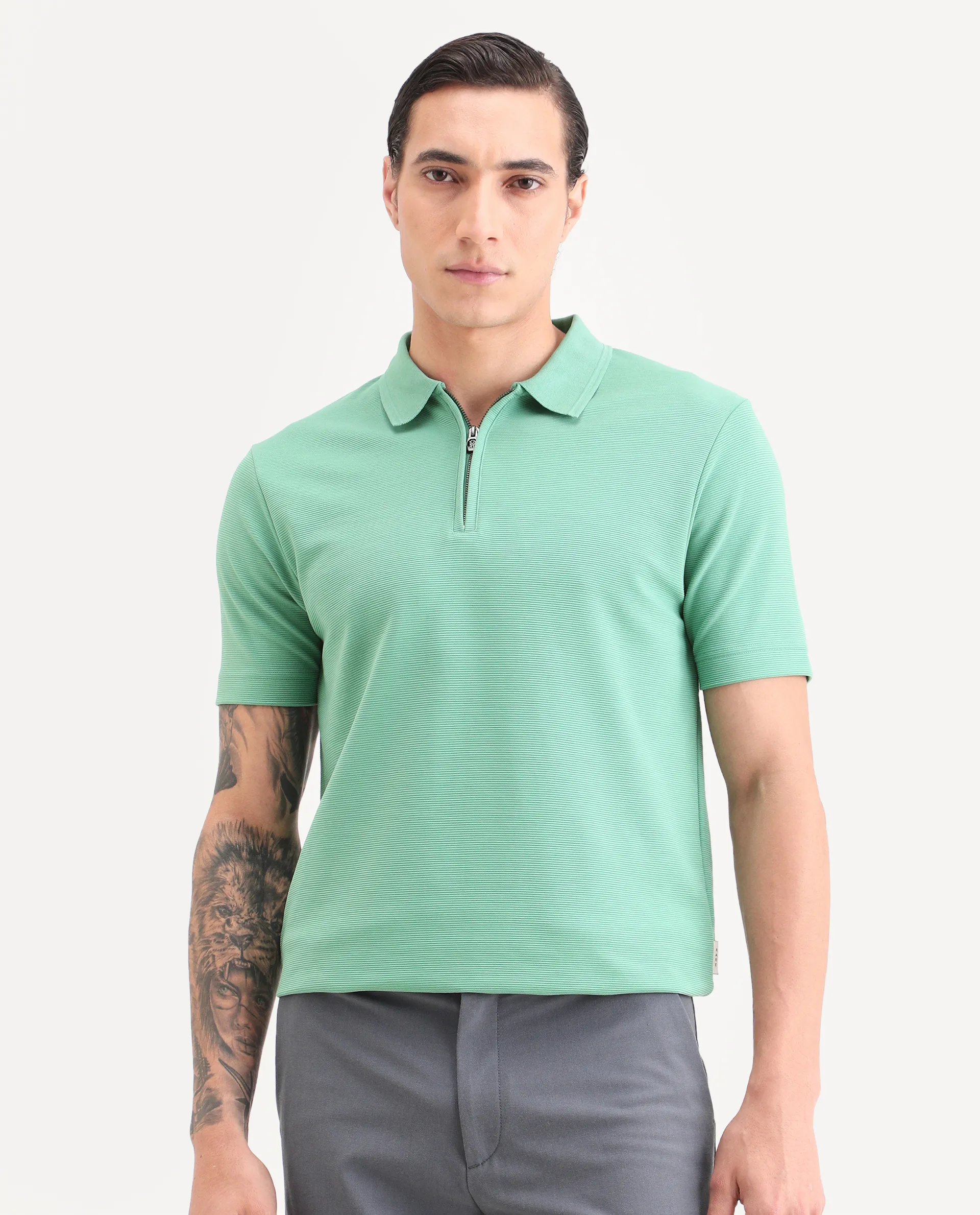 Rare Rabbit Men's Arp Dusky Green Cotton Blend Fabric Half Sleeve Spread Collar Regular Fit Plain Polo - Image 5