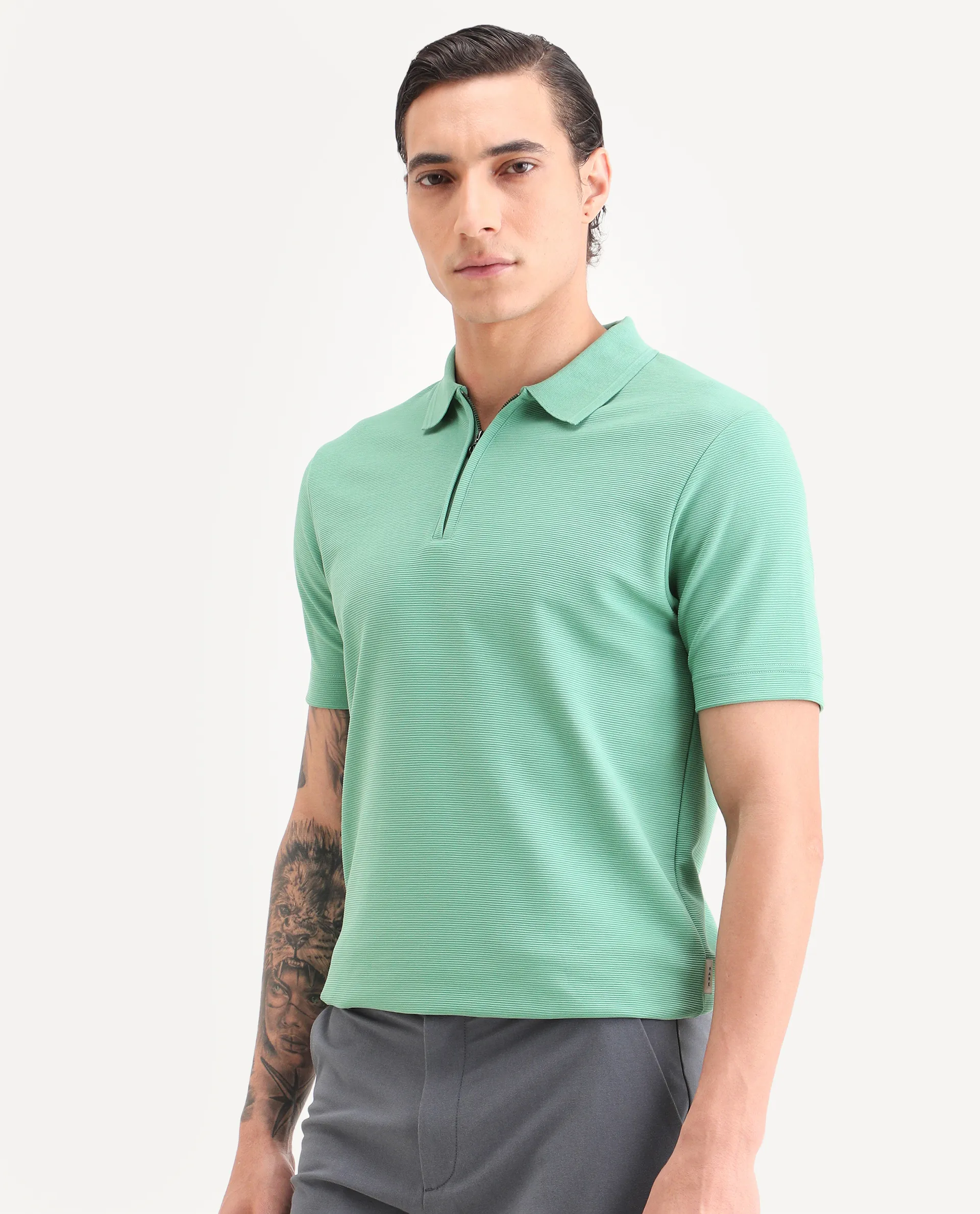 Rare Rabbit Men's Arp Dusky Green Cotton Blend Fabric Half Sleeve Spread Collar Regular Fit Plain Polo - Image 6