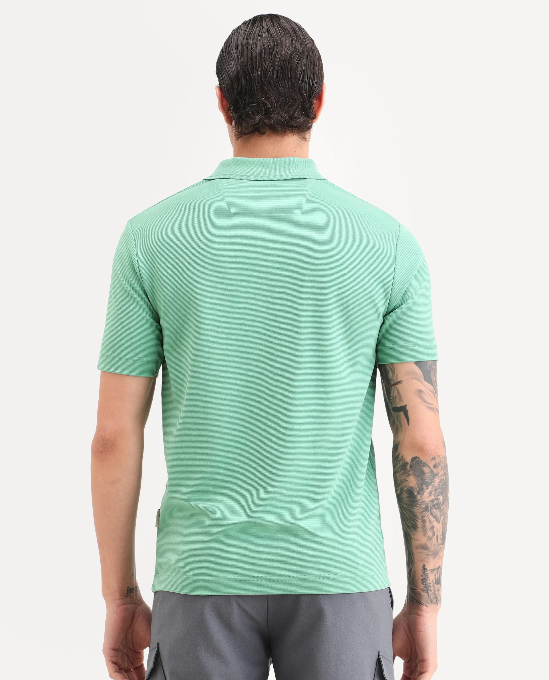 Rare Rabbit Men's Arp Dusky Green Cotton Blend Fabric Half Sleeve Spread Collar Regular Fit Plain Polo - Image 7