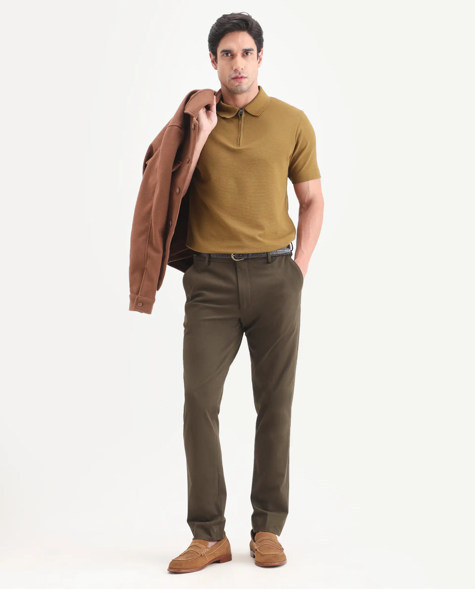 Rare Rabbit Men's Arp Dusky Mustard Cotton Blend Fabric Half Sleeve Spread Collar Regular Fit Plain Polo - Image 2