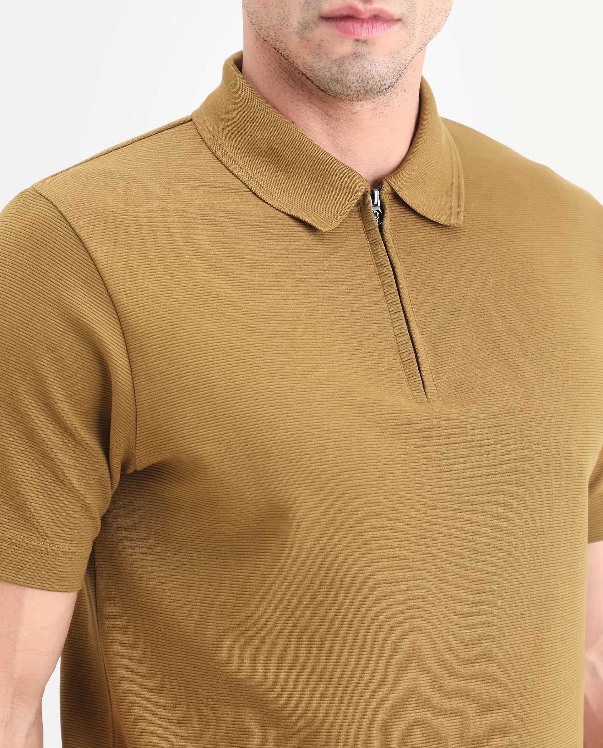 Rare Rabbit Men's Arp Dusky Mustard Cotton Blend Fabric Half Sleeve Spread Collar Regular Fit Plain Polo - Image 3