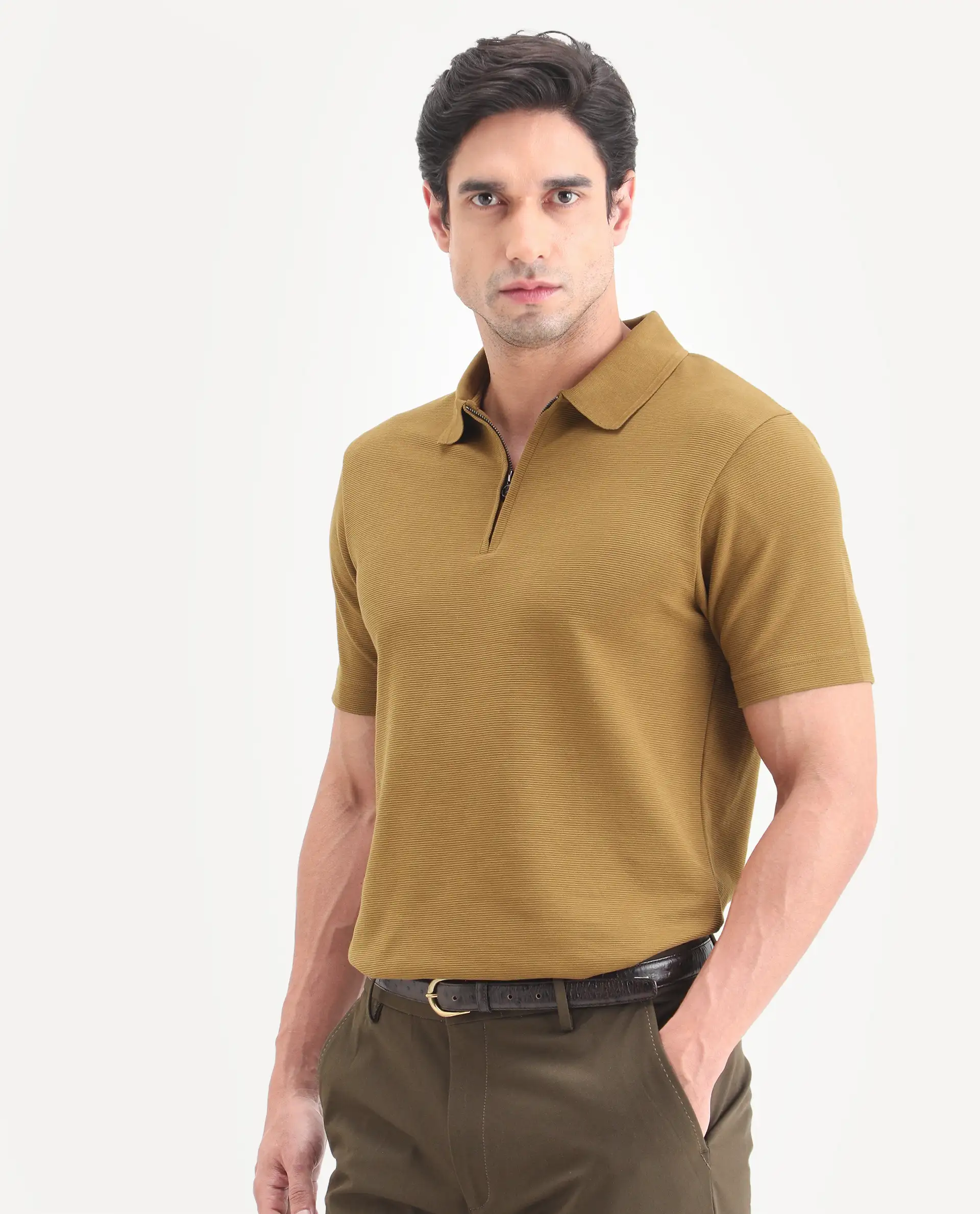 Rare Rabbit Men's Arp Dusky Mustard Cotton Blend Fabric Half Sleeve Spread Collar Regular Fit Plain Polo - Image 4
