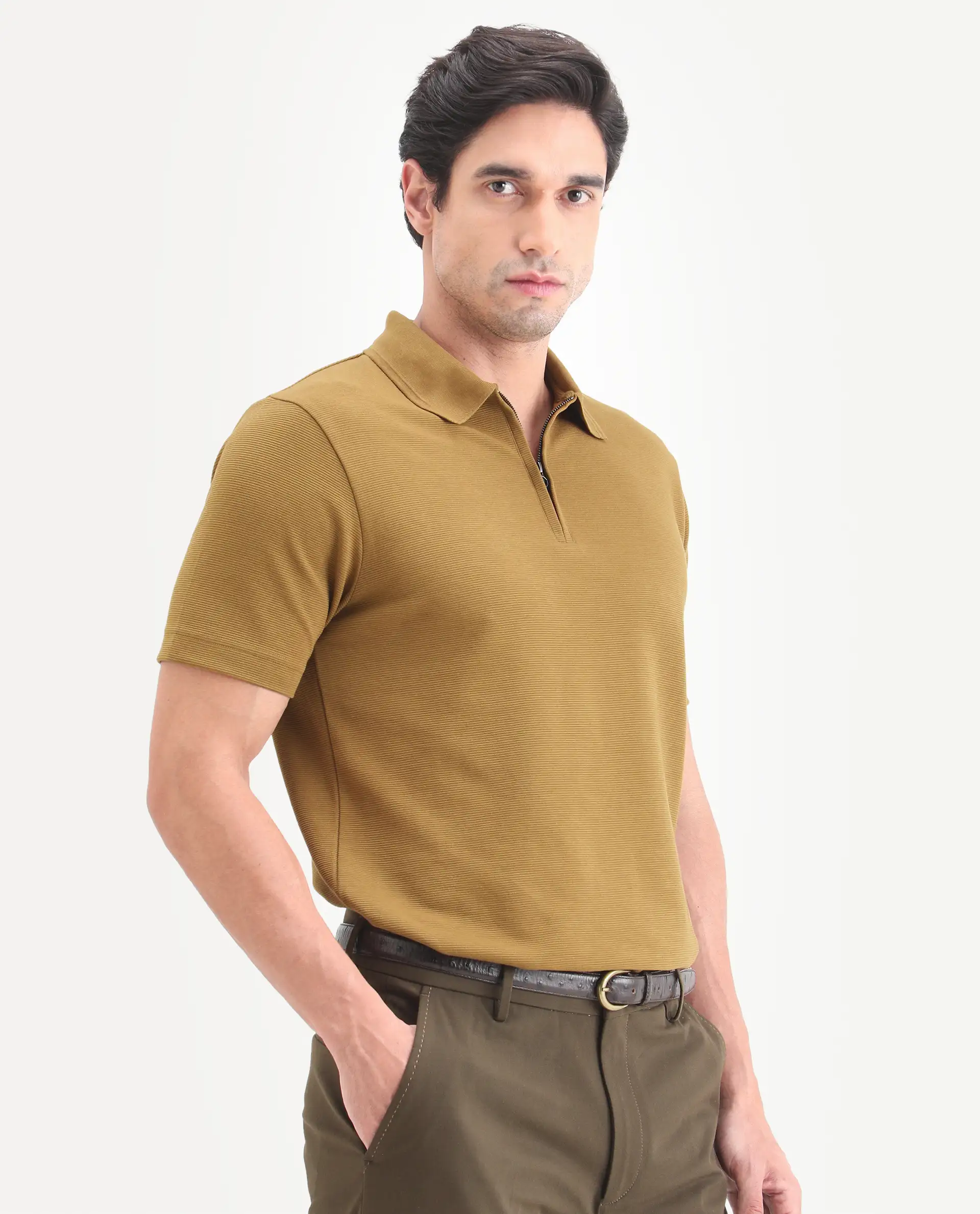 Rare Rabbit Men's Arp Dusky Mustard Cotton Blend Fabric Half Sleeve Spread Collar Regular Fit Plain Polo - Image 5