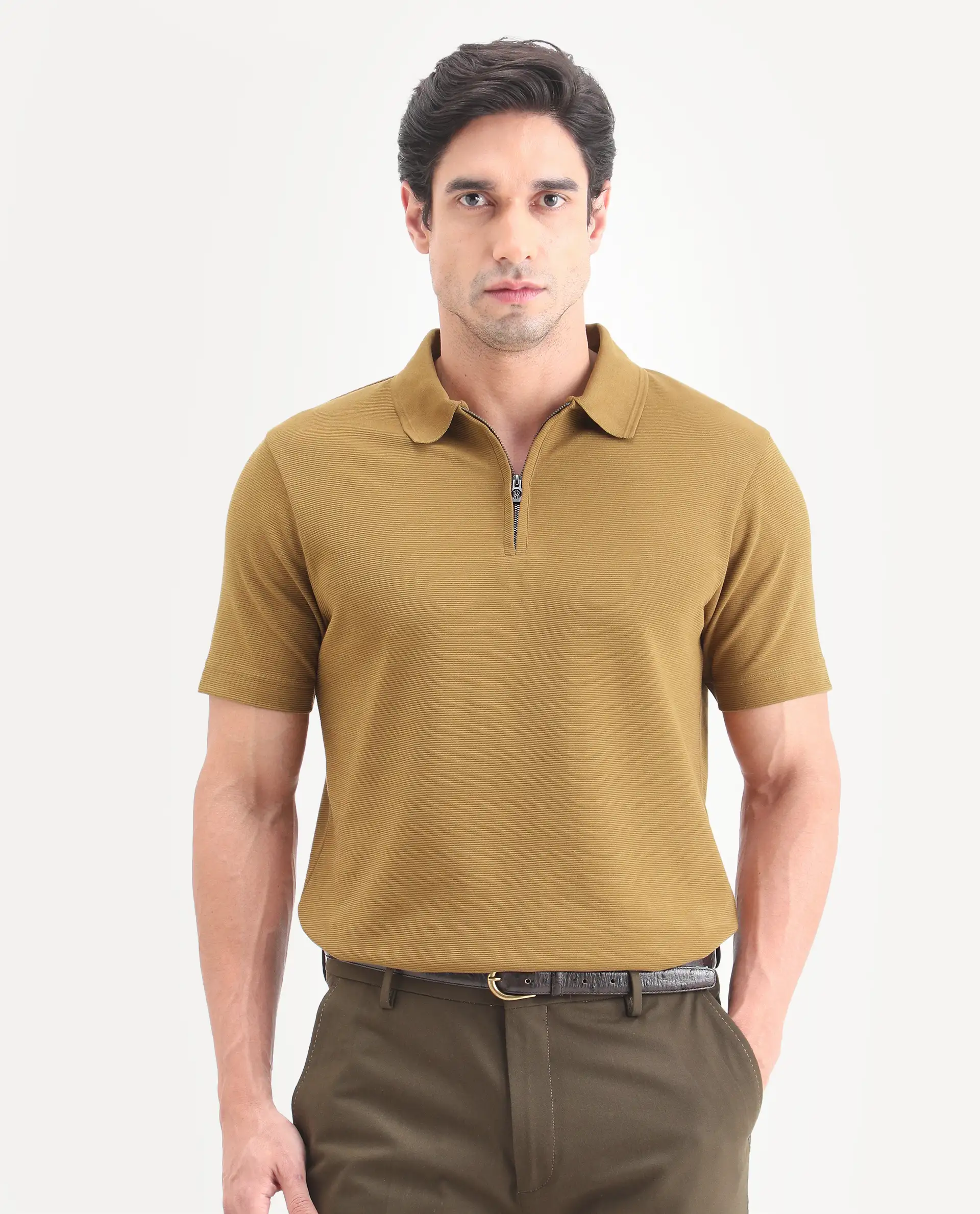 Rare Rabbit Men's Arp Dusky Mustard Cotton Blend Fabric Half Sleeve Spread Collar Regular Fit Plain Polo - Image 6