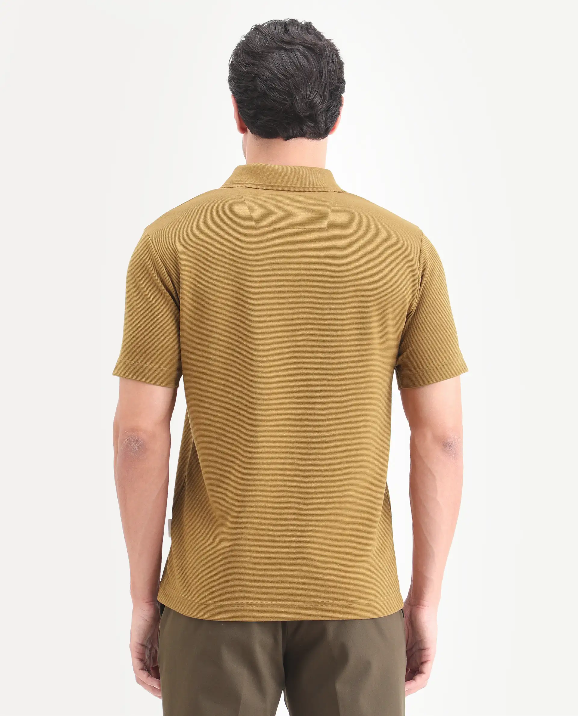 Rare Rabbit Men's Arp Dusky Mustard Cotton Blend Fabric Half Sleeve Spread Collar Regular Fit Plain Polo - Image 7